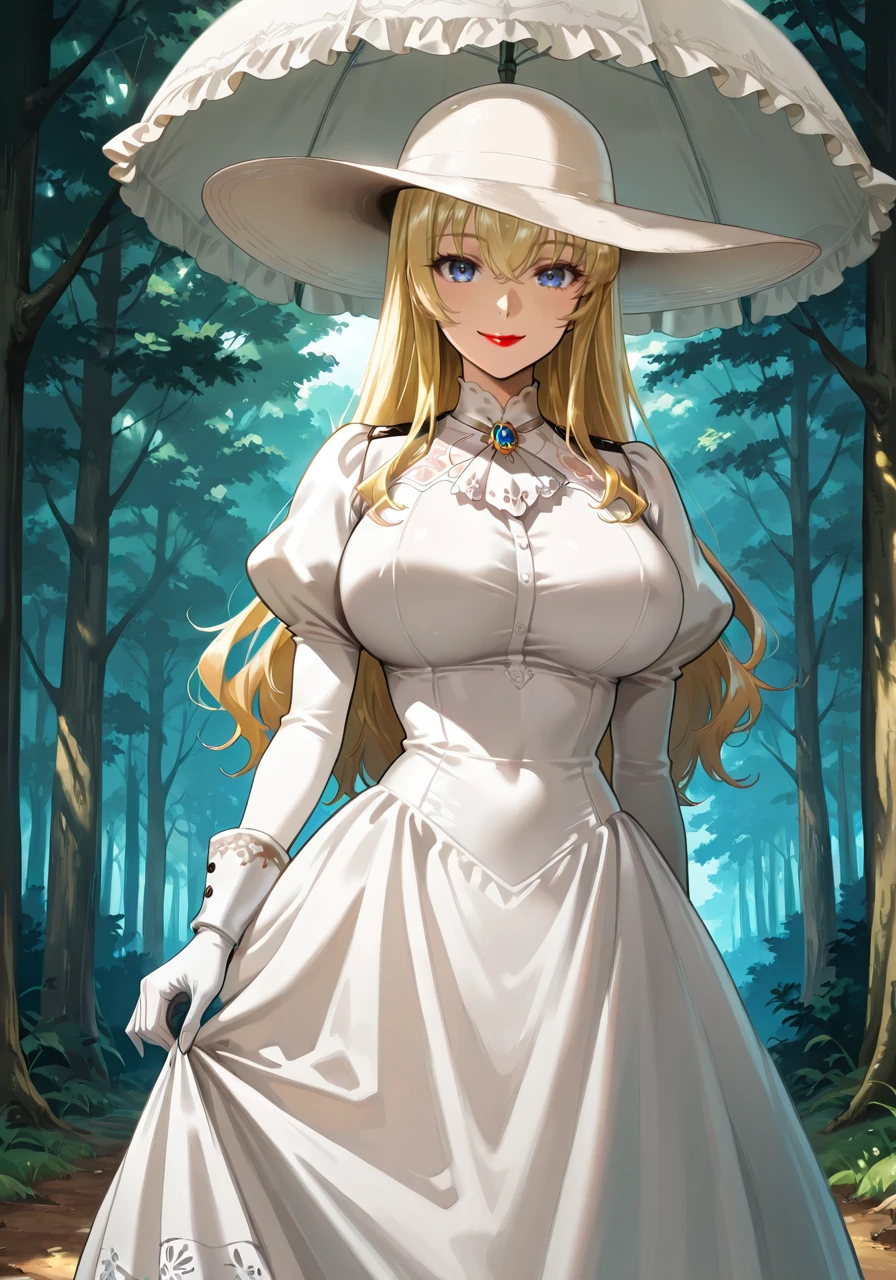 amazing quality,very aesthetic,illustration,absurdres,best quality,newest,masterpiece,4k resolution,
day,forest,
Kanata Totokubara,1girl,solo,blonde hair,blue eyes,long hair,big breasts,straight_hair,hair down,
dress,gloves,hat,long_sleeves,white dress,parasol,sun hat,Red Lipstick,juliet sleeves,long dress,brooch,puffy sleeves,jewelry,white gloves,
smile,
cinematic_angle,looking_at_viewer,
<lora:Characters_Rakudai_Kishi_no_Eiyuutan:1>,