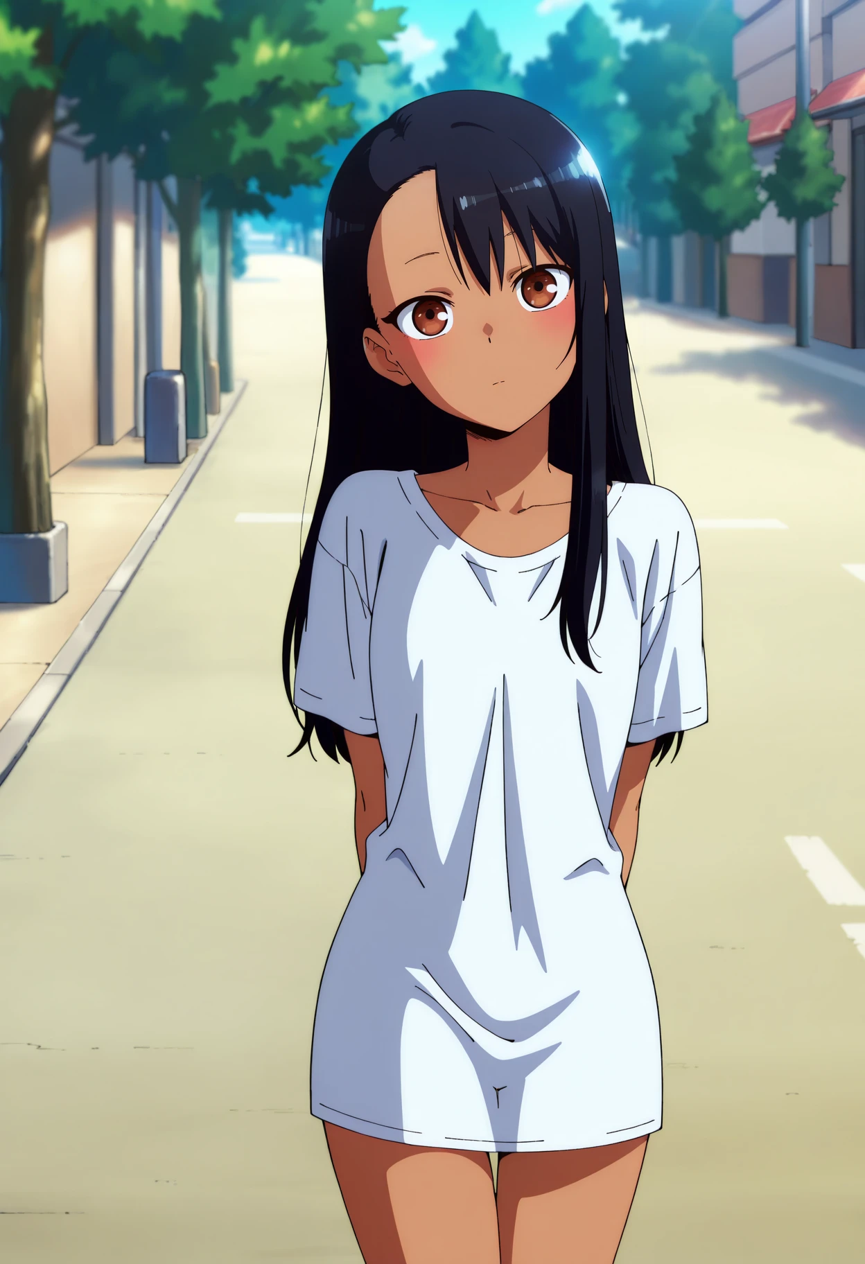 anime screencap, masterpiece, best quality,
<lora:IjiranaideNagatoro_Nagatoro_IlluXL:0.9>, NagatoroStyle,
1girl, solo, closed mouth, head tilt,
dark skin, long hair, black hair, asymmetrical hair, brown eyes,
NagatoroShirt, t-shirt, naked shirt, long shirt, white shirt,
standing, looking at viewer, arms behind back, cowboy shot, thigh gap,
blurry background, outdoors, street, tree