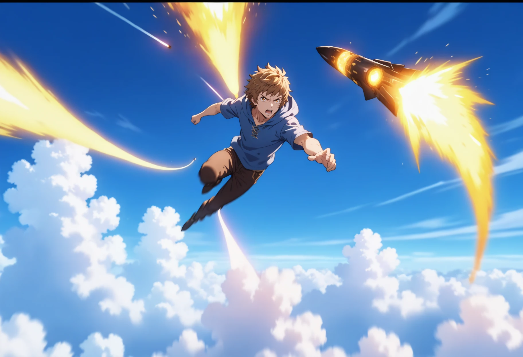 <lora:Illustrious_susamix_LoRA:1>,
1boy,
gran \(granblue fantasy\), granblue fantasy,
casual wear,
serious,
floating hair,
<lora:Itanocircus_Illust0.1XL1:1>,Itanocircus,
floating,flying,(Multiple missile:1.2),aerial battle,afterburner,glowing, lens flare, motion blur,above clouds,cloud, sky, day,
laser,(explosion:0.6),
emphasis lines, motion lines,speed lines,
masterpiece,best quality, very aesthetic, absurdres,highres,4k,(ultra-detailed:1.4) (illustration:0.5), (ray tracing,:0.8),(anime colored:0.7),(ai-generated:0.5), (anime screencap:1.2),anime coloring,
