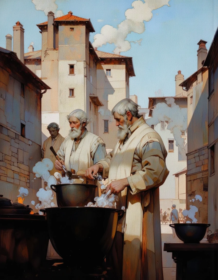 Steve McDonald Art. This image is a digital artwork in a realistic, yet stylized, painterly style, capturing a serene yet industrious scene. The central figure is an elderly man with white hair and a full beard, dressed in a long, light-colored, slightly wrinkled robe. He stands in front of a large, black, cast-iron pot filled with steaming liquid, suggesting he is preparing food. The man's expression is contemplative, and he appears to be deeply focused on his task.
The background features a bustling, urban environment with tall, old buildings made of stone and brick, some with chimneys and small windows. The buildings are in various states of repair, with some showing signs of age and wear. The sky is a soft, muted blue, indicating either early morning or late evening, and the light casts a warm, golden hue over the scene, creating a cozy atmosphere.
The foreground is dominated by the large pot and the man's presence, while the background is filled with smoke and steam rising from various sources, including the pot and possibly chimneys, adding to the industrial feel. The textures in the artwork are rich and detailed, with a focus on the smoothness of the man's robe and the roughness of the pot and the building materials. <lora:Steve_McDonald:1.0>