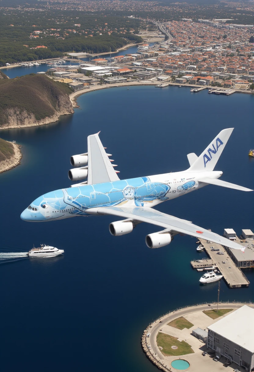 1 airplane is flying,picturesque coastal landscape., <lora:flying_honu:1>,flying_honu,a380,,unit3, <lora:aidmaImageUpraderv0.3:0.7> aidmaimageupgrader