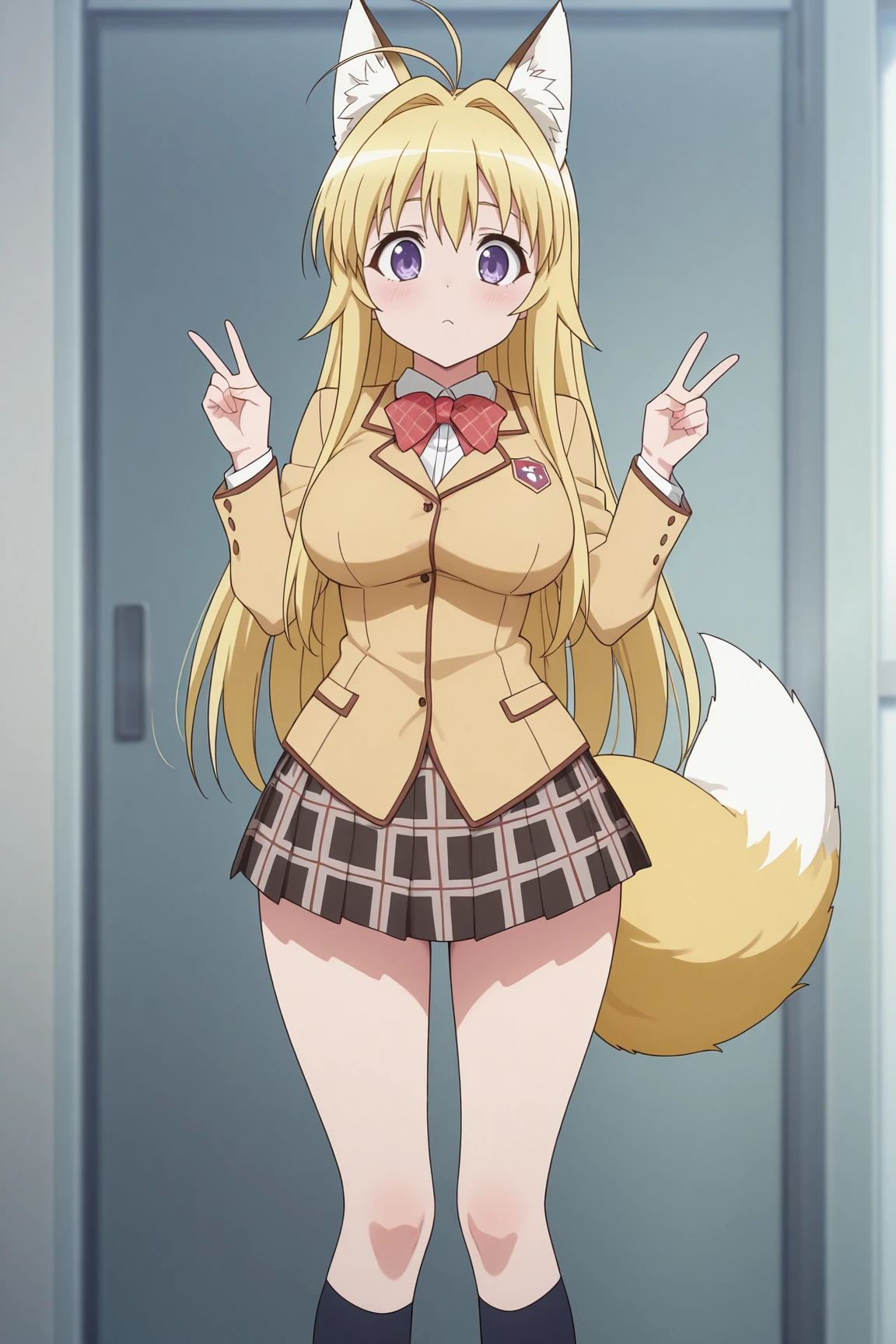 masterpiece, best quality, absurdres, highres, source anime, very aesthetic, BREAK, anime coloring, anime screencap,
<lora:minamoto_chizuru_v1-illustrious:1>,1girl, minamoto chizuru, kanokon, purple eyes, fox ears, fox tail, blonde hair, long hair, large breasts,
school uniform, long sleeves, bow, plaid skirt, kneehighs,
BREAK, looking at viewer,
BREAK, victory pose, confused