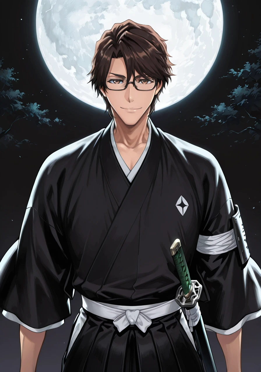 amazing quality,very aesthetic,illustration,absurdres,best quality,newest,masterpiece,4k resolution,
night_sky,black background,white moon,
male focus,Aizen_Sousuke,1boy,solo,brown hair,brown eyes,
shinigami kimono,black kimono,glasses,black kosode,black hakama,white belt,
Lieutenant's Armband,
smile,scabbard,
cinematic_angle,upper_body,looking_at_viewer,
<lora:Aizen_Sousuke_Illustrious>,