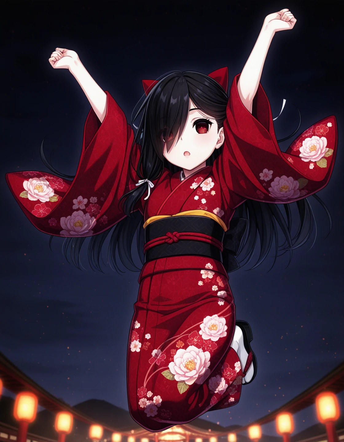 1girl, solo, black hair, long hair, hair ribbon, hair over one eye, eyes visible through hair, red eyes, red kimono, floral kimono, black obi, jumping, arms up, outdoors, night, dark theme <lora:nagami_kiyora_ilxl_v1:0.6>