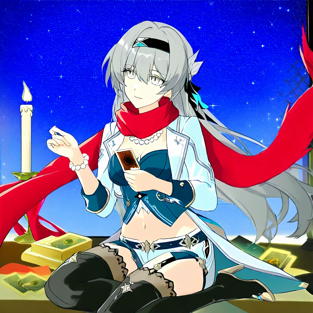 bracelet, blue jacket, cup, star (sky), black hairband, stomach, portrait, black thighhighs, pearl necklace, feet, grey eyes, blue sky, red scarf, upper body, high heels, white jacket, card, candle, thigh boots, garter straps