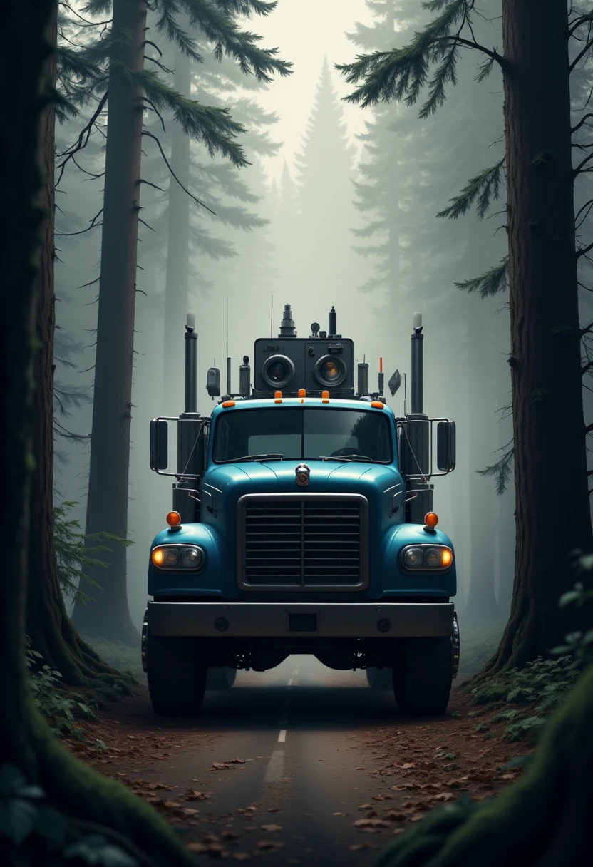 YFG-SpyWorld50s The image is a digital illustration of a blue truck parked on the side of a road in a forest. The truck is facing towards the left side of the image and is positioned in the center of the frame. The front of the truck has a large grille and headlights, and there is a small orange light on the front bumper. On top of the grille, there are several cylindrical objects, which appear to be antennas or antennas. The objects are arranged in a way that they look like they are pointing upwards. The background is filled with tall trees with thick trunks and branches, and the ground is covered in fallen leaves and twigs. The trees are shrouded in a thick fog or mist, creating a mysterious and ethereal atmosphere.
