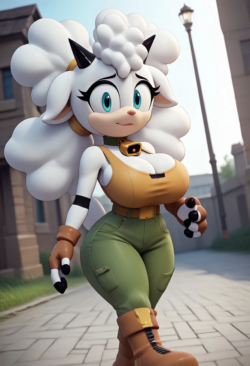 score_9, score_8_up, score_7_up, (best quality:1.1), ultra-detailed, high resolution, 8k, Lanolin the Sheep, white skin, white Afro hair, blue eyes, black horns, cowbell choker, black nails, orange tank top, :|, brown belt, brown pants, brown boots, indoors, ((big breasts, voluptuous, thick thighs, skinny, curvy, busty, high quality, masterpiece, wide hips)), (((dutch angle, sexy tease, sexy pose, stylish pose))) BREAK outside, Rich, Detailed background, ambient light