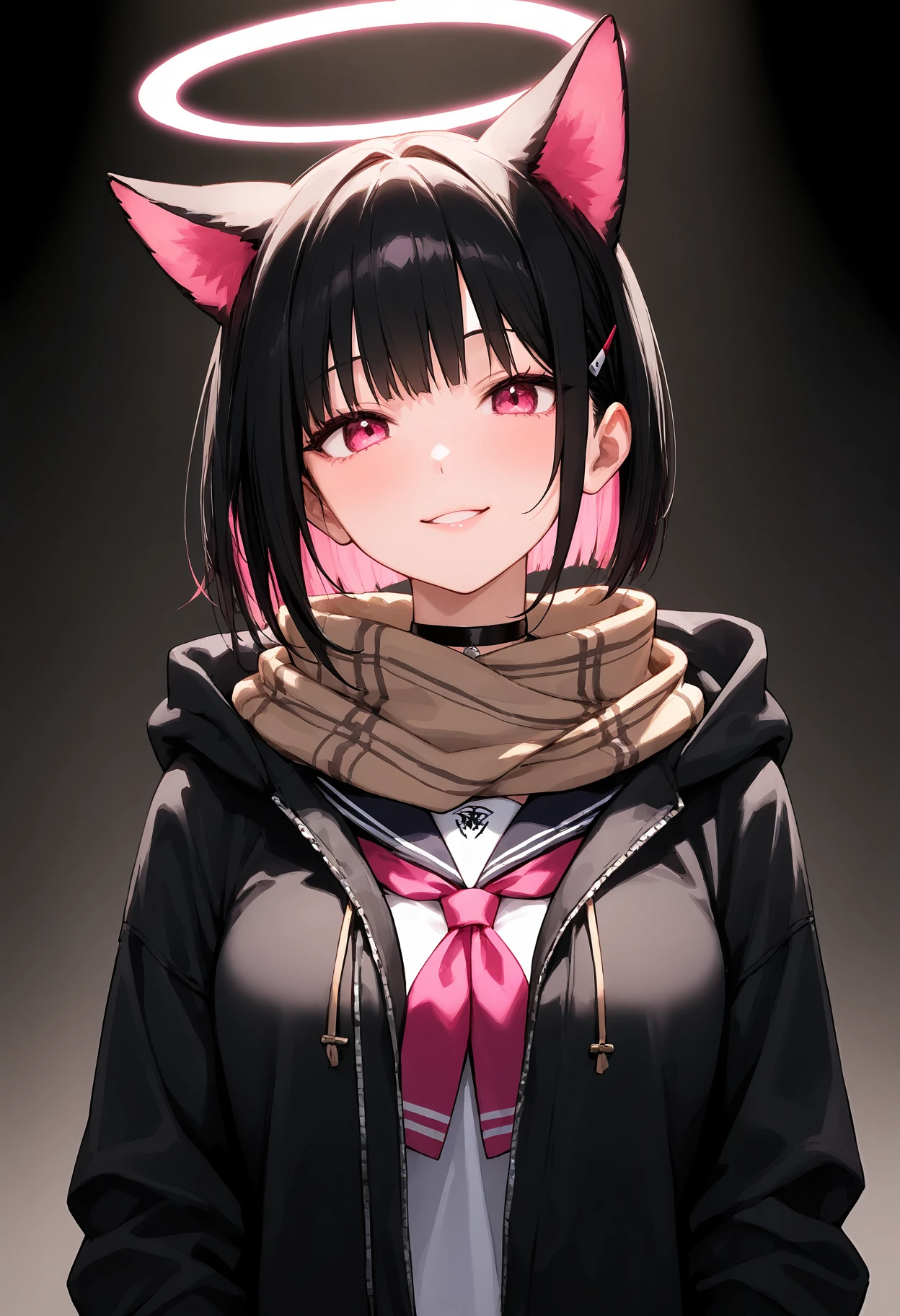 Masterpiece, Best Quality, Amazing Quality, Extremely Aesthetic, High Resolution, Super Detailed, Ridiculous Resolution, Latest, Beautiful, (Extremely Detailed Face), Highly Detailed Eyes, (Perfect Lighting:1.2), General Details, Detailed, Deep Skin, Tight Skin, (Ridiculous Resolution:1.2), BREAK 
POV cheek warmer, single girl, smile, solo, looking at viewer, coat, scarf, BREAK 
Kazusa Ba, halo, short hair, animal ear, jacket, choker, hair clip, black jacket, sailor collar, long sleeve, black choker, hooded jacket, hoodie, BREAK 
Highly Detailed Clothes, Eyes, Hands, Fingers, Lips, Detailed Eyes, Glossy Skin, Detailed Skin, Detailed Hair, Masterpiece, Best Quality, Amazing Quality, Extremely Aesthetic, High Resolution, Extremely Detailed, Apex, Latest, Scene, Volumetric Lighting