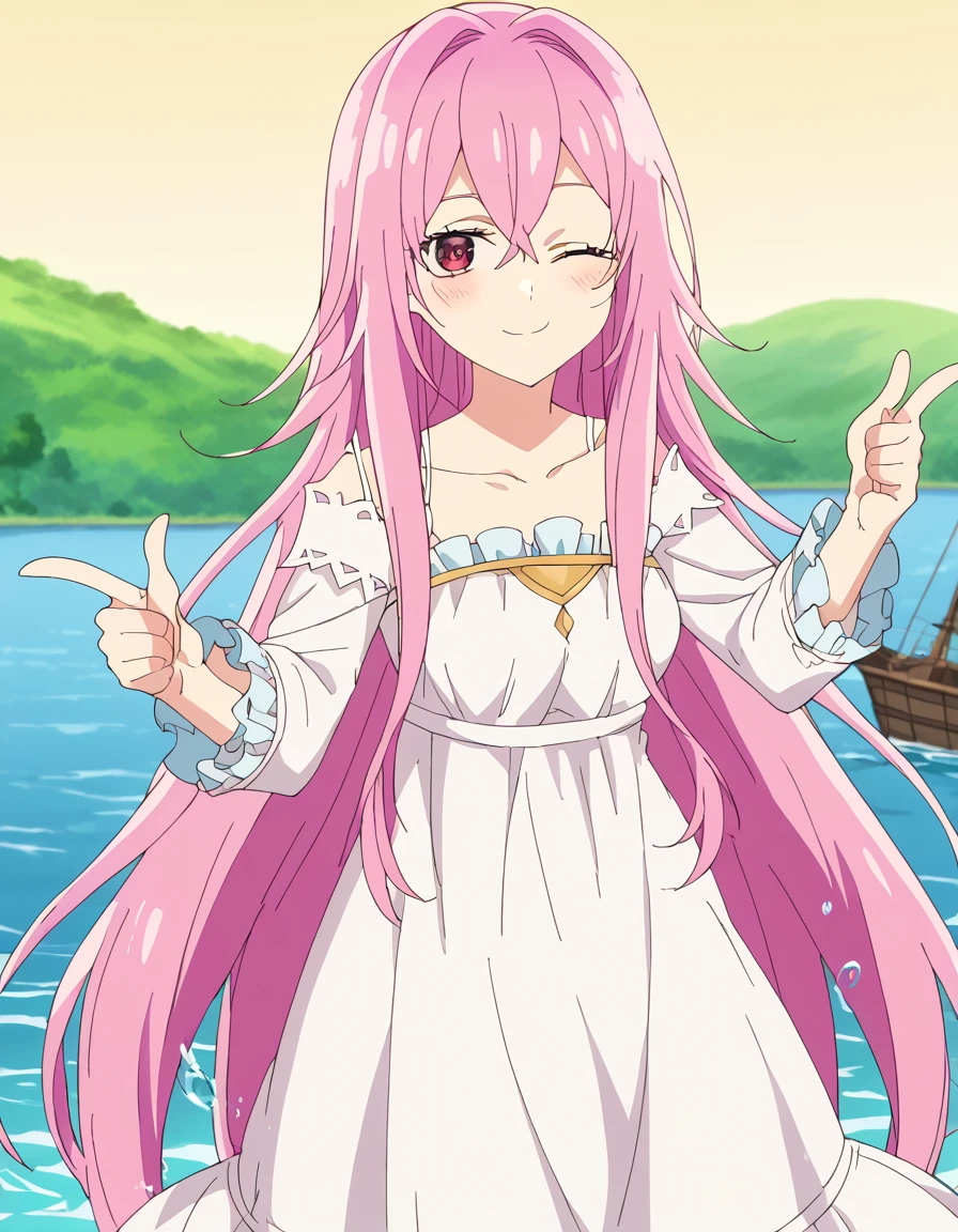 score_9, score_8_up, score_7_up, source_anime, <lora:seireigensouki-aishia-s2-ponyxl-lora-nochekaiser:1>, aishia, long hair, bangs, red eyes, hair between eyes, very long hair, pink hair, pink eyes, medium breasts, anime screencap,, dress, collarbone, white dress,, harbor, boats, water, dock, trade, smile, <lora:double-finger-gun-ponyxl-lora-nochekaiser:1>, double finger gun,, blush, smile, one eye closed, from side, looking at viewer, solo,, cowboy shot