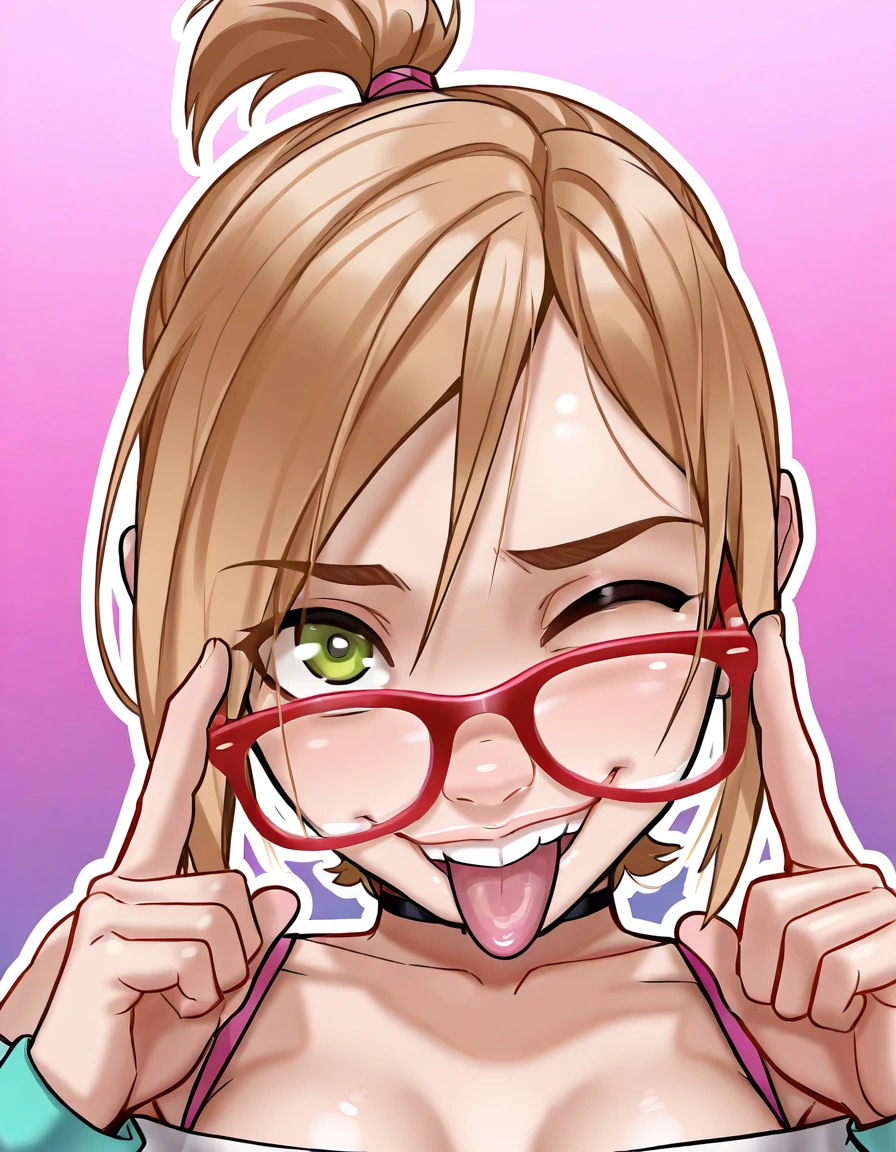 <lora:DarcyIllustrious1.0JLFO:1> darcy, glasses, 1girl, red-framed eyewear,short ponytail, short hair, blonde hair, teeth, breasts, smile, choker, green eyes, small breasts, looking at viewer,tongue out, one eye closed,