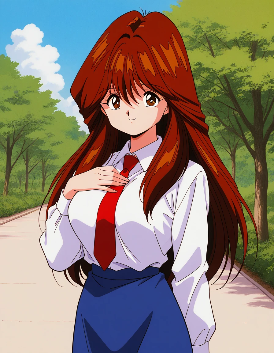 general,highres, ultra-detailed,very aesthetic,best quality ,best hands,  BREAK <lora:Kawai_Iyona_IS:1> KawaiIyona, long hair, brown hair, brown eyes, bangs, red hair, large breasts, hair between eyes, 1990s \(style\),anime coloring,
 smile, 1girl,1girl, solo, red necktie, blue skirt, smile, shirt, long sleeves, looking at viewer, white shirt, cowboy_Shot, collared shirt, 
hand on own chestã
outdoor, day,