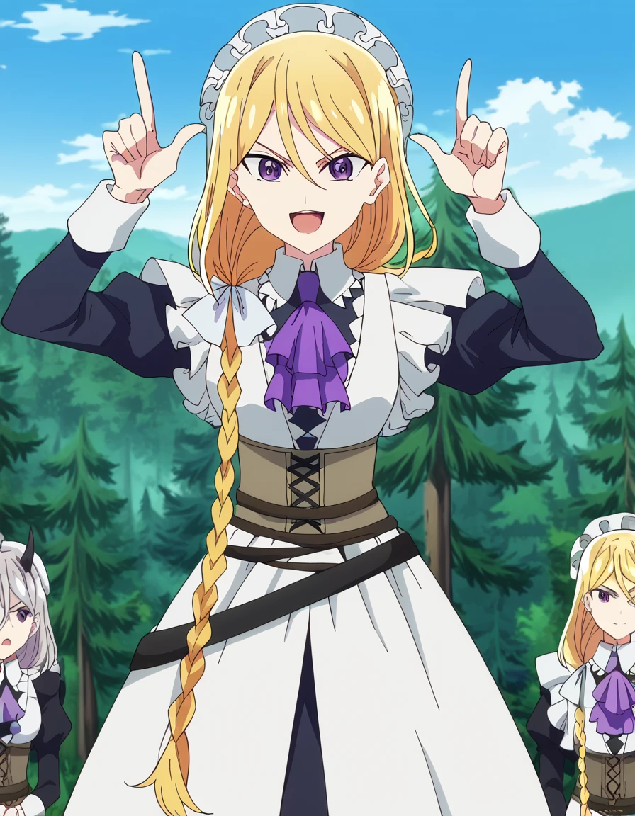 score_9, score_8_up, score_7_up, source_anime, <lora:aria-gavaness-s2-ponyxl-lora-nochekaiser:1>, aria gavaness, long hair, blonde hair, hair between eyes, purple eyes, braid, hair over shoulder, medium breasts, anime screencap,, long sleeves, dress, maid, maid headdress, corset, nature, trees, animals, landscape, open, smile, <lora:horns-pose-ponyxl-lora-nochekaiser:1>, horns pose, index fingers raised, angry, steam, open mouth, shouting, anger vein,, looking at viewer, solo,, cowboy shot