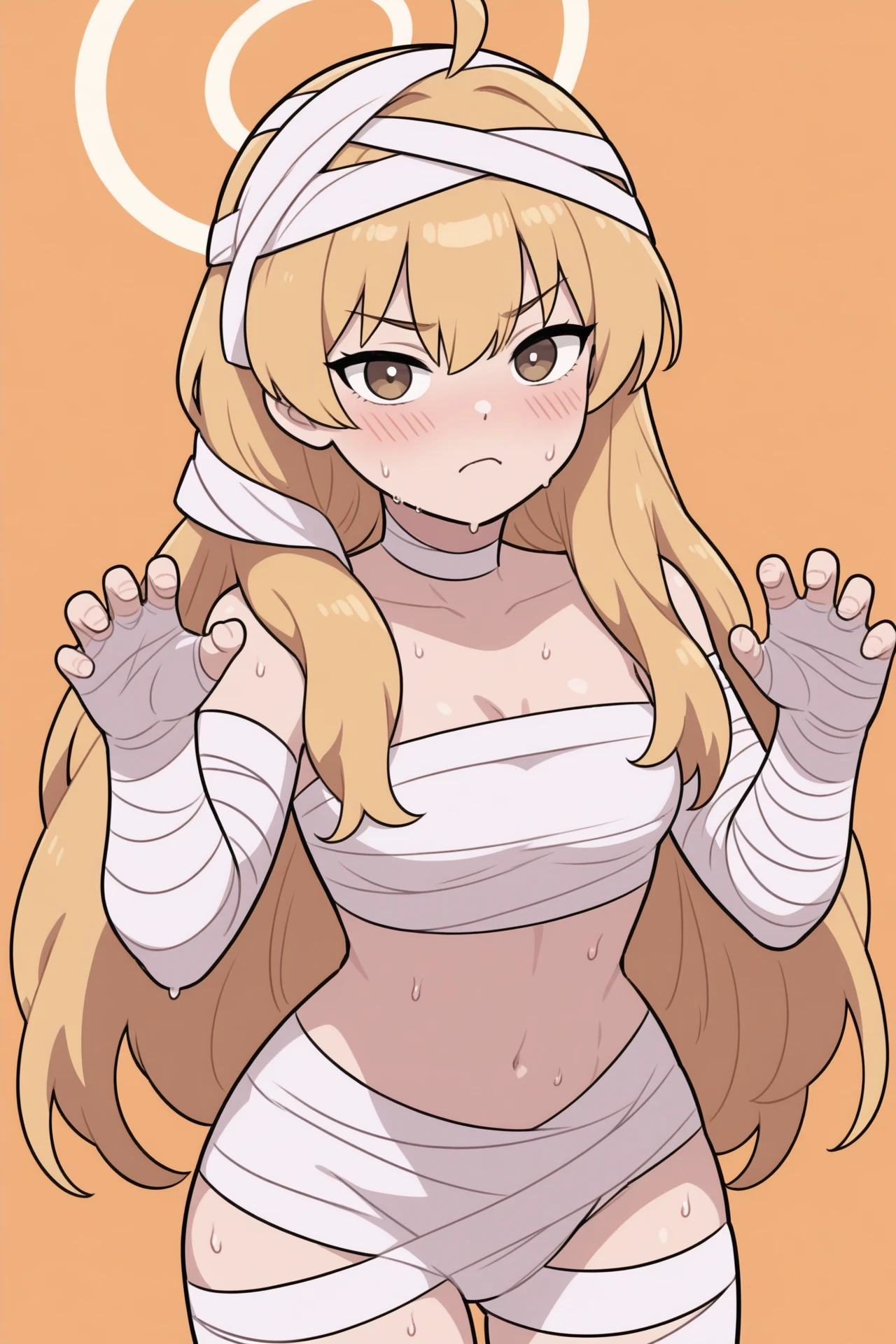 Tall androgynous boy,long hair, beautiful curves, cuntboy, halo, reaching hand out to viewer ,mostly naked, gradient hair fading from gold to indigo, fit body, (ample pectorals), heterochromia, boy with pussy, puppet joints, aroused smile, anemo powers, steamy, heart pupils
