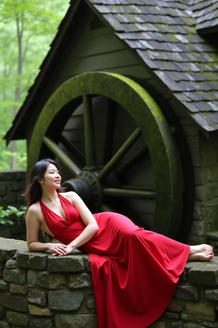 The image shows a woman lying on her side on a low wall in front of an old water mill in the forest. She is leaning on her elbow. She is wearing a long red dress that is flowing in the wind. She is looking to the side with a peaceful expression with her face. The mill has a big waterwheel which is covered in thick, wet moss and a steep roof made of shingles. The wall are made of rough stone. The background is filled with trees and greenery creating a lush and natural atmosphere. The lighting is soft and natural highlighting the woman's features and the vibrant color of the dress. The overall mood of the image is serene and peaceful.  Two-third face view. Three-quarter angle shot. Half-body portrait. Low camera angle.  <lora:LyingOnSide_rank4_fp16-step00750:1>