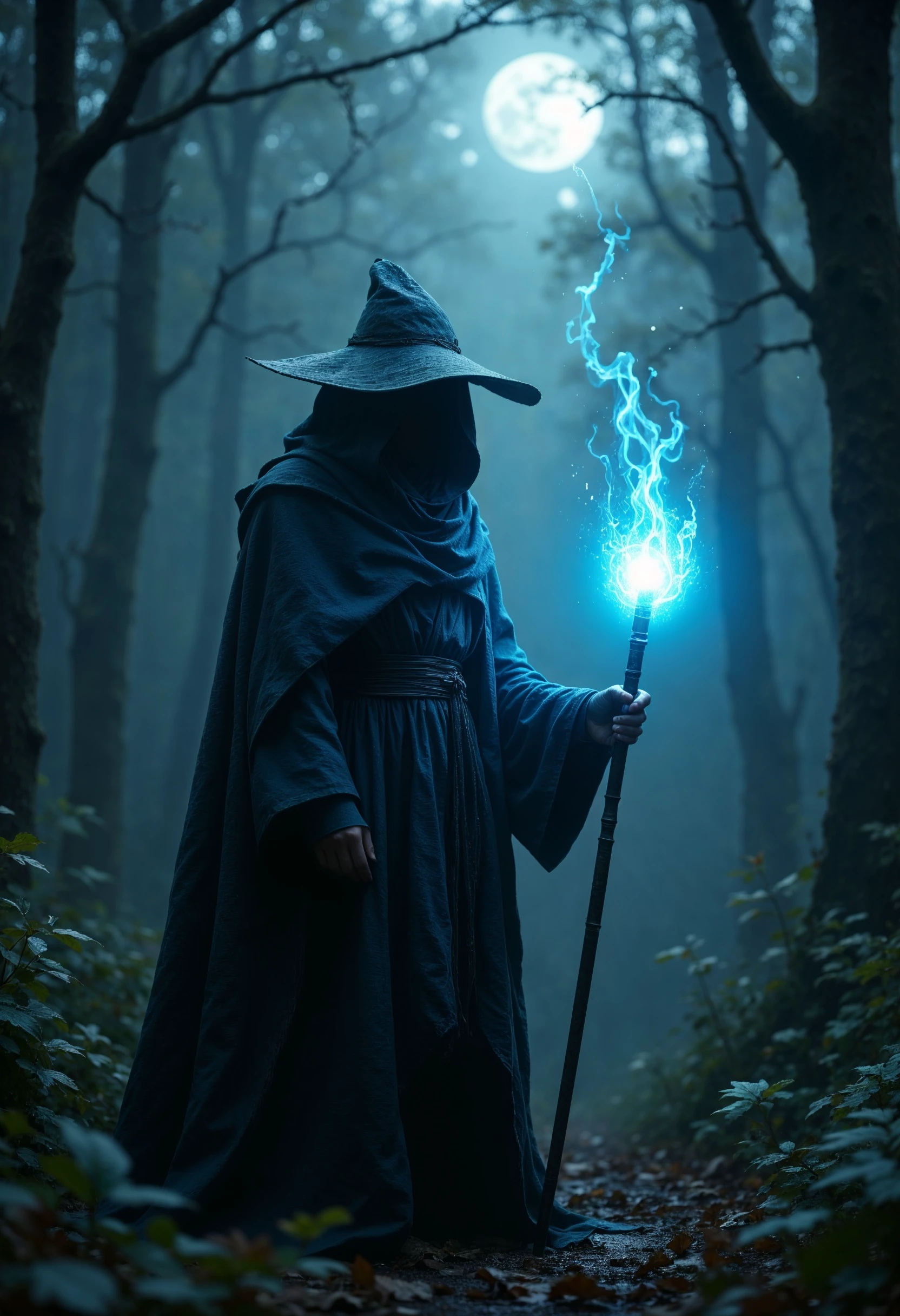 R3alisticF, A photograph of a solitary figure cloaked in a dark, hooded robe and a wide-brimmed hat, standing in a misty, moonlit forest. The figure holds a glowing staff, casting an ethereal blue light. The background is filled with dense, shadowy foliage and a soft, foggy atmosphere. The robe appears heavy and textured, adding a mystical, medieval feel. The staff's light creates a focal point, enhancing the enigmatic and otherworldly ambiance. <lora:FluxMythR3alisticF:1>