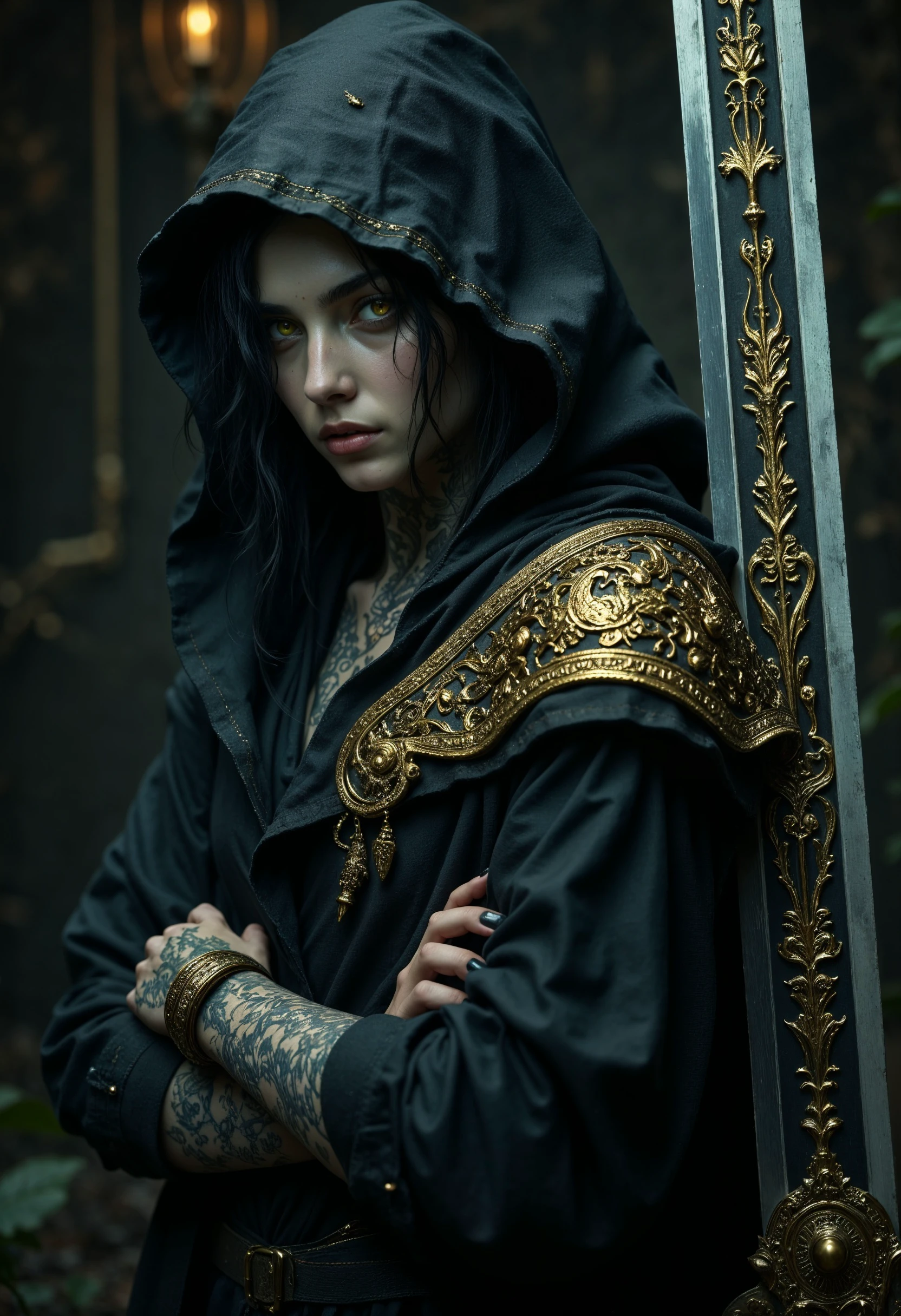 R3alisticF, highly detailed, a dark-haired, beautiful girl with piercing yellow eyes, set against a dimly lit background. The character wears a black and gold ornate hooded cloak, revealing intricate tattoos on their neck and shoulder. She holds a large, elaborate sword with golden accents. The lighting is moody, casting dramatic shadows, and the camera angle is a close-up, emphasizing the character's intense gaze and the intricate details of their attire. <lora:FluxMythR3alisticF:1>