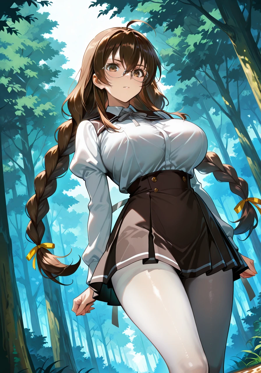 amazing quality,very aesthetic,illustration,absurdres,best quality,newest,masterpiece,4k resolution,
day,forest,
Touka Toudou,1girl,solo,long hair,brown eyes,brown hair,hair between eyes,ahoge,big breasts,very long hair,glasses,braid,floating hair,bow,twin braids,
school uniform Hagun,pantyhose,skirt,pleated skirt,white pantyhose,bowtie,ribbon,grey ribbon,miniskirt,shirt,white shirt,long sleeves,hair ribbon,yellow ribbon,neck ribbon,white ribbon,
cinematic_angle,looking_at_viewer,
<lora:Characters_Rakudai_Kishi_no_Eiyuutan:1>,