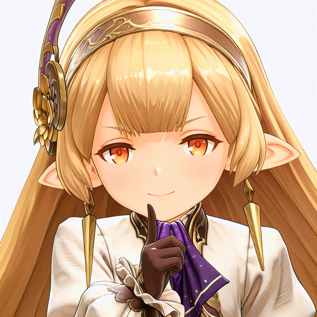 1girl,3d,
maglielle, blonde hair, orange eyes,  white dress,  earrings,  hairband, hair ornament,   frilled sleeves,  brown gloves,puffy long sleeves, sleeves past wrists, layered dress,  purple ascot, 
pointing at self, index finger raised, face close-up,doyagao, looking at viewer, portrait, smile,finger to own chin, 
<lora:maglielle-ilstlion:1>
simple background,, masterpiece, best quality,  absurdres, highres