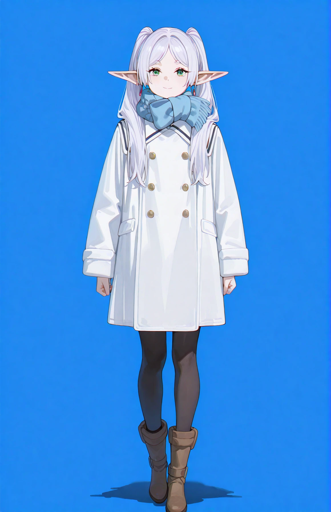 perfect quality,high quality,masterpiece,best quality,amazing quality,very aesthetic,absurdres,Cinematic Lighting,newest,Tactical use of shadow,front view,full_shot,smile,looking at viewer,
FrierenCyql,1girl,elf,solo,long hair,twintails,white hair,green eyes,pointy ears,earrings,jewelry,winter clothes,coat,scarf,blue scarf,long sleeves,pantyhose,black pantyhose,boots,brown footwear,
full body,standing,blue background,simple background,
<lora:ponyv4_noob1_2_adamW:0.7>,<lora:spo_sdxl_10ep_4k-data_lora_webui:0.6>,<lora:USNR STYLE_XL_loha:0.45>,<lora:illustrious_all_rated_v1:0.7>,<lora:Frieren_Illustrious by Cyql:1>,