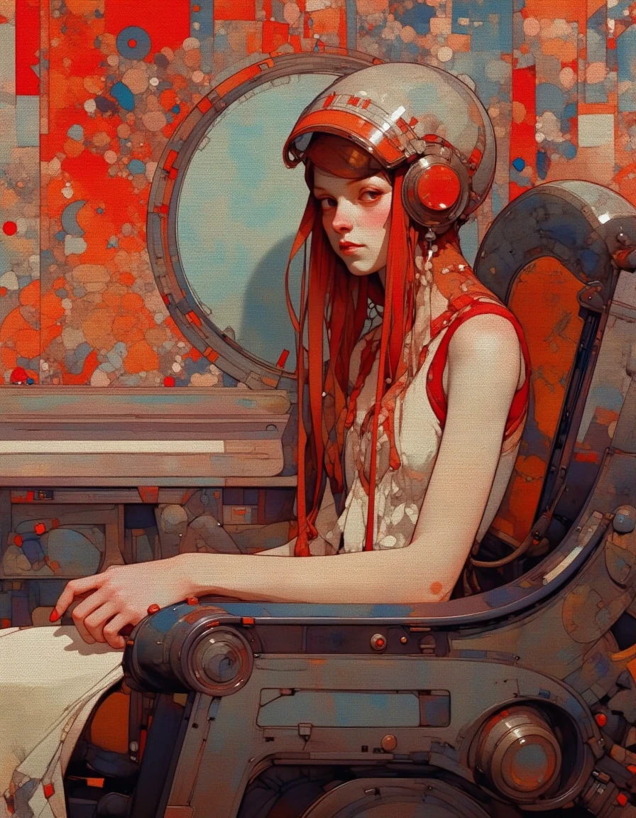 Steve McDonald Art. This is a digital painting with a surreal, abstract style, reminiscent of a cross between digital art and oil painting. The central subject is a young woman with a slender build, wearing a futuristic helmet with large, angular earpieces and a red and white visor. Her long, flowing red hair is adorned with small, metallic ornaments, and she has a pale, almost ghostly complexion. She is dressed in a sleeveless white top with a hint of red accents, and her arms are tattooed with intricate designs.
The background is a collage of abstract shapes and patterns in various shades of red, orange, and blue, creating a dynamic and chaotic visual effect. The woman sits in a futuristic chair, which is intricately detailed with mechanical parts and a smooth, rounded design, suggesting a blend of organic and technological elements. The chair is positioned slightly off-center, drawing the viewer's attention to the woman's profile.
The overall color palette is warm and earthy, with a dominant red-orange hue, giving the image a warm, almost fiery ambiance. The textures are rich and textured, adding depth and detail to the digital medium. The composition is balanced, with the subject positioned centrally and the background providing a visually engaging backdrop. <lora:Steve_McDonald:1.3>