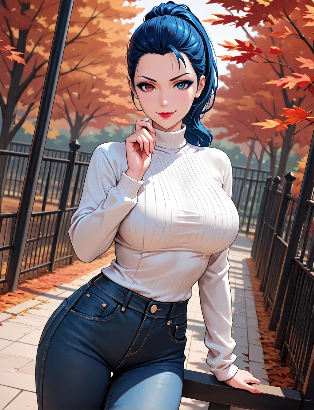 masterpiece,best quality, absurdres,newest,scenery,highres, solo, Viola:1.3, 1girl, solo, breasts, heterochromia, large breasts, looking at viewer, outdoors, sweater, tree, pants, white sweater, autumn, jeans, denim, turtleneck, smirk, makeup, lipstick, long sleeves, fence, autumn leaves, turtleneck sweater, blue eyeshadows, cinematic, dutch angle, <lora:Viola_IL_v3:0.8>