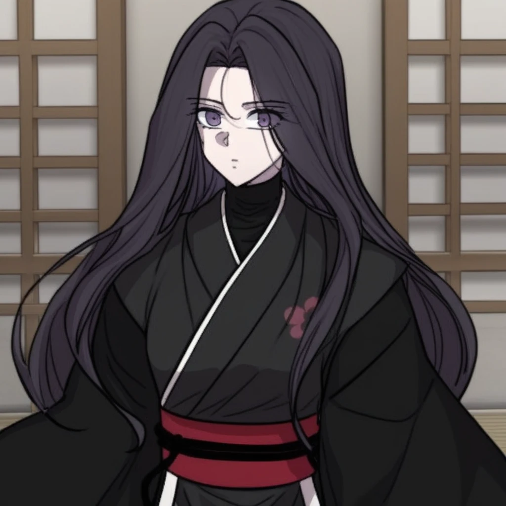 1girl, solo, long hair, black hair, purple eyes, long sleeves, japanese clothes, kimono, red sash, black kimono