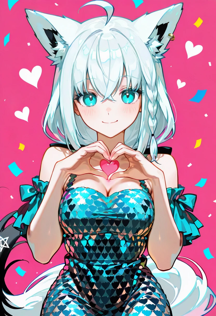 1girl,solo,looking at viewer, echo (circa), shirakami_fubuki, ah dress, heart,confetti,