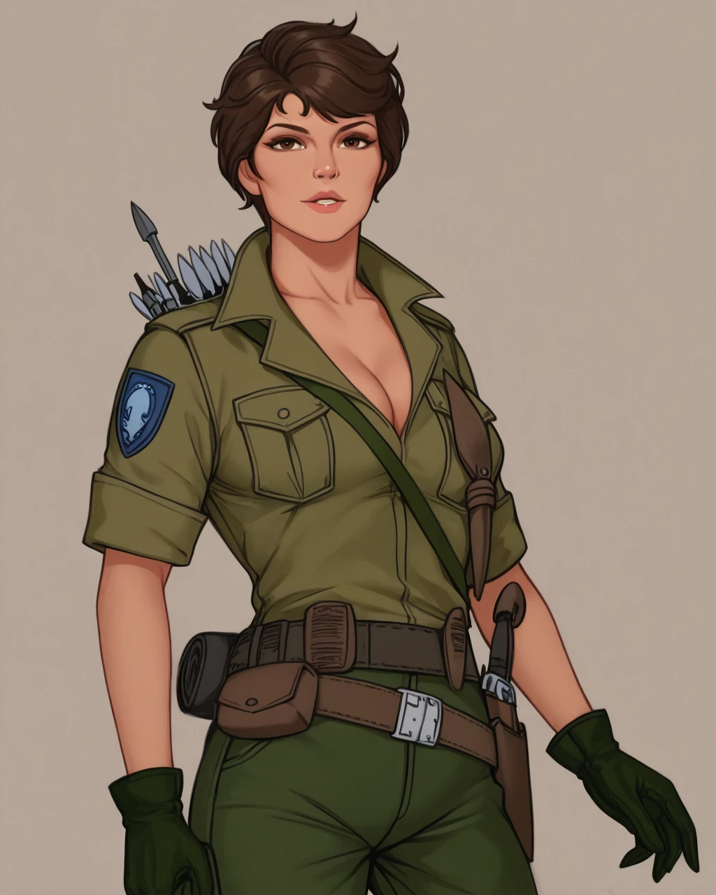 1girl,  masterpiece, 1girl, solo ,  <lora:10_ladyjayei_Il:1>,  ladyjaye, rah, short hair, brunette, brown eyes, lips, olive uniform, open collar, short sleeves, knife holster, javelin quiver, gloves, cleavage, ranger patch, belt, western cartoon /style/, tan, arms at side