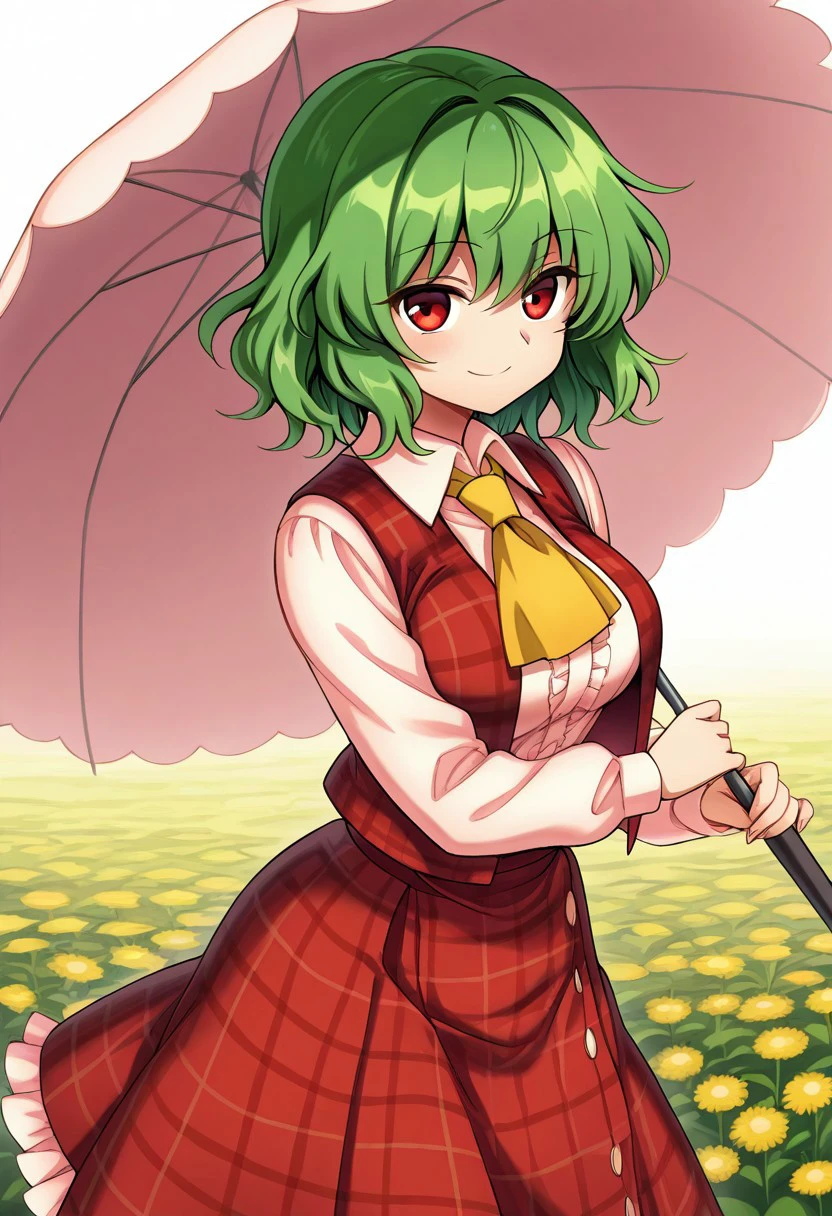 Touhou, detailed, absurdres, highres, masterpiece, best quality, amazing quality, 1girl, solo, kazami_yuuka, green hair, short hair, red eyes, white_shirt, red_vest, yellow_ascot, long_sleeves, plaid_vest, red_skirt, collared_shirt, plaid_skirt, holding_umbrella, flowers, medium breasts, warm smile, looking at viewer