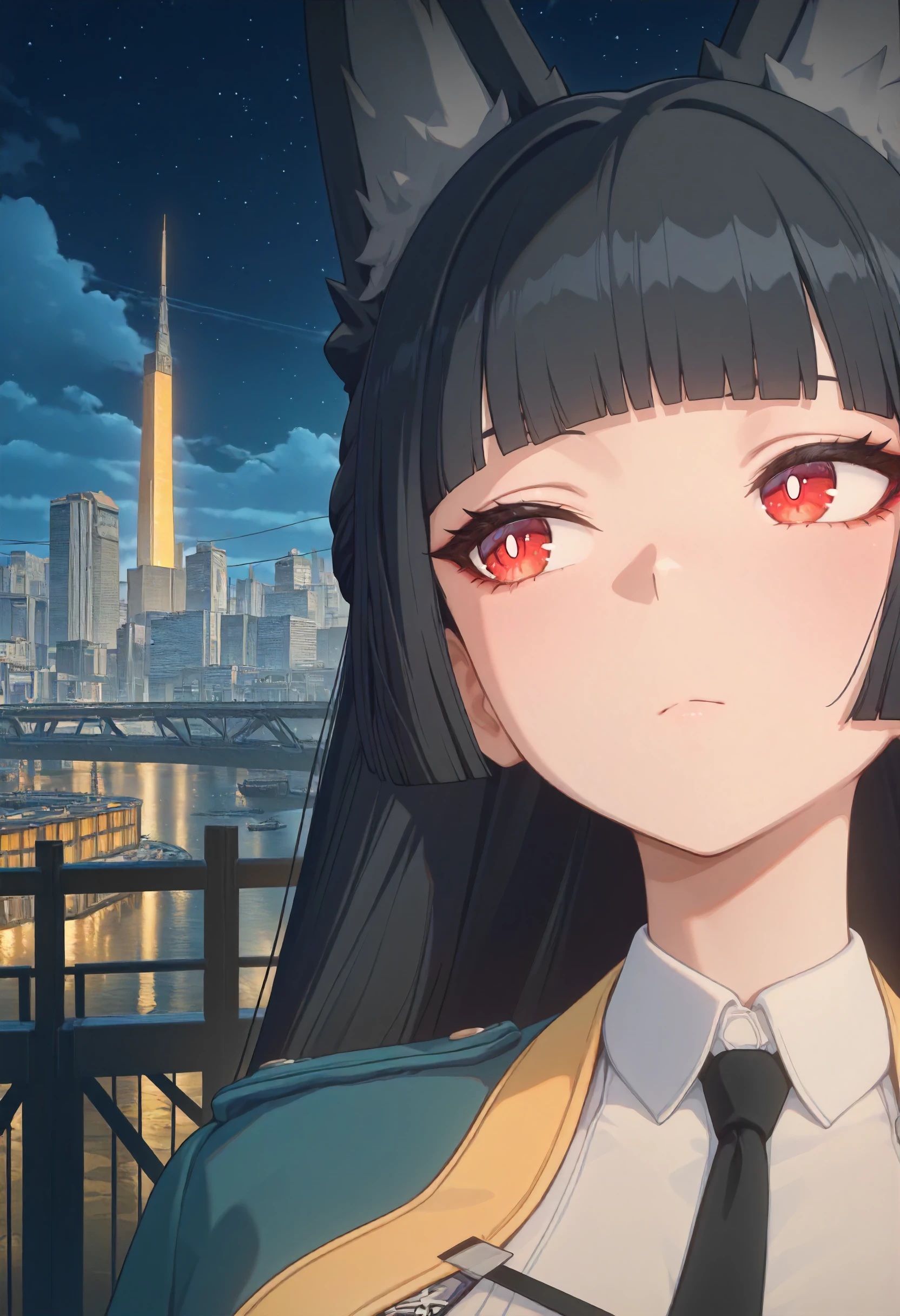 masterpiece, best quality, amazing quality, very aesthetic, absurdres, newest, scenery, volumetric lighting, perfect eyes, ultra detailed,
1girl, Hoshimi Miyabi, solo, black fox ears, black hair, blunt bangs, long hair, red eyes, white pupils, beautiful colors, colors, colors, colors,
green cape jacket, white shirt, black tie,
looking away, beautiful face, face closeup, closeup, portrait,
city, night sky, beautiful frame, backlighting,
<lora:Hoshimi_Miyabi_-_Zenless_Zone_Zero_ZZZ__Illustrious:1>
masterpiece, best quality, amazing quality, very aesthetic, absurdres, newest, scenery, volumetric lighting, perfect eyes, ultra detailed,