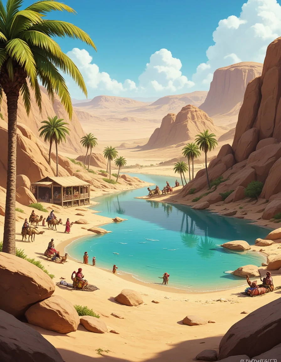 A nomadic caravan stopping at a hidden desert oasis, palm trees and crystal-clear water providing respite, with camels drinking and nomads relaxing in the shade., anime