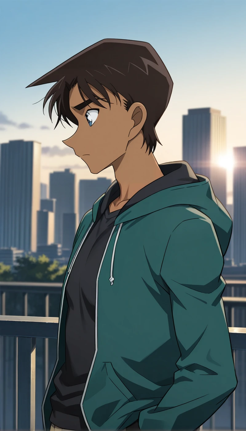 masterpiece,best quality,amazing quality,very aesthetic,high resolution,ultra-detailed,absurdres,newest,scenery,volumetric lighting,depth of field,
1boy,solo,male focus,<lora:Heiji_Hattori_-_Detective_Conan:1>,heijihattori,dark skin,blue eyes,dark brown hair,short hair,pectorals,hoodie,profile,outdoors,cityscape,sky,bluesky,sunlight,