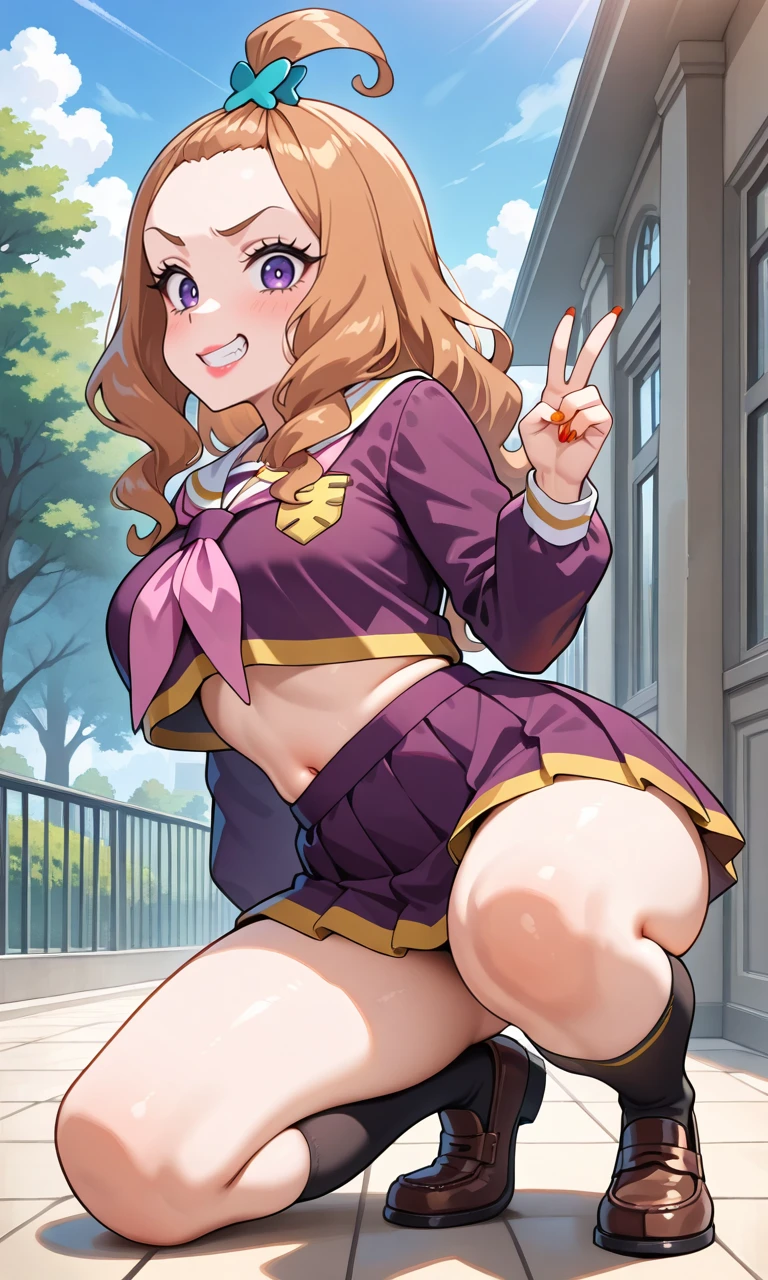 Horse tail, Luan Loud face, Small panties, wearing underwear thong, Super tight lingerie panties, extremely tight panties, Micro panties, Thong V-String, Nsfw, skir ligt, mini skirt, micro skirt, micro panties, (masterpiece:1.4), (best quality:1.4), (high resolution:1.4), cartoon style, LuanLoud smile, brown hair, pale skin, cowboy shot, white shirt, yellow mini skirt, looking at viewer, detailed face, detailed eyes, small breasts, curvy, ribbon, cola de caballo, buckteet, cuerpo femenino artstation, frontal, dynamic pose, solo, 1girl, Nsfw, No panties,