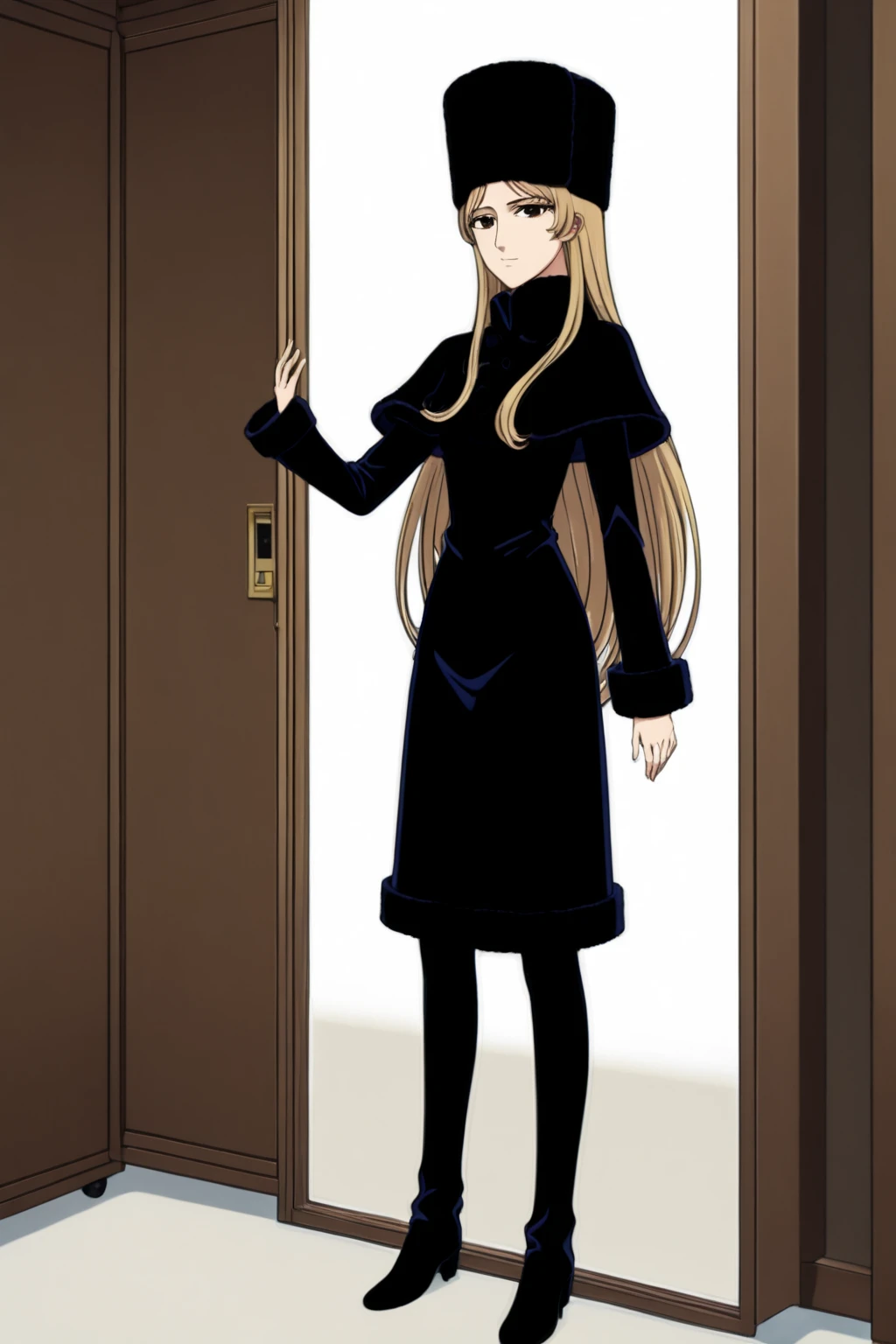 score_9, score_8_up, score_7_up, score_6_up,
source_anime, 
illustration,
1 woman,30yo,mature,solo,
maetel,maetel(ge999),  
brown eyes, yellow long hair,
black eyes,  nose, small mouth,
black hat, (black coat:1.1), (black boots:0.8),
brown suitcase,
<lora:maetel7:0.6>