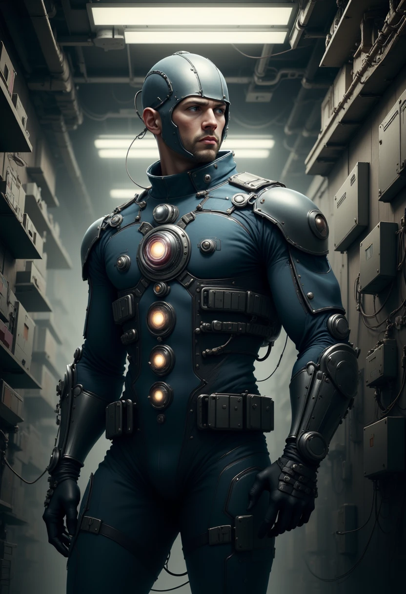 YFG-SpyWorld50s The image shows a futuristic-looking man standing in a room with a high ceiling. He is wearing a blue suit with a metallic armor-like design on his chest and arms. The suit has multiple layers of armor, including a chest plate, chest plates, and chest plates. The chest plate has a large circular light in the center, while the chest plates have multiple smaller lights on them. The man is also wearing a helmet with a futuristic design on it. He has a serious expression on his face and is looking off to the side. The room is filled with various electrical equipment, including wires, cables, and boxes. The overall mood of the image is dark and ominous.