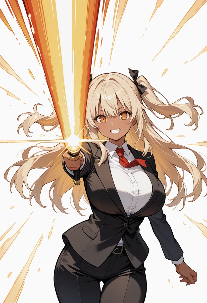 masterpiece, best quality, perfect anatomy, very aesthetic, ((outlined outlined vector graphics)), cute face, (glow eyes:0.8), front view , looking at viewer ,simple background ,1girl, (focus female),
20yo, (large breast:1.2), orange eyes, (blonde hair:1.3),long hair, (two side up:1.1), (dark skin:1.6), dark skin girl, (tall:1.2), (abs:0.7),bangs, formal suit , clothed,
grin, openai beam , summoning a beam, blue beam <lora:openai-beam-il-01:1>