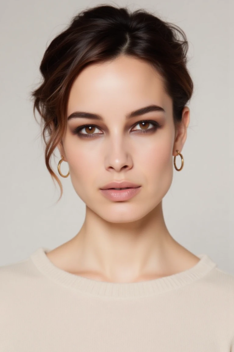 "A clean, minimalist portrait of a confident woman with striking eyes and a calm expression. She is wearing a light-colored sweater and gold hoop earrings that add a subtle touch of elegance. Her hair is neatly styled in a sleek, side-parted updo, complementing the simplicity of the composition. The soft, diffused lighting highlights her flawless skin and natural beauty, while the neutral background emphasizes her serene and sophisticated demeanor."