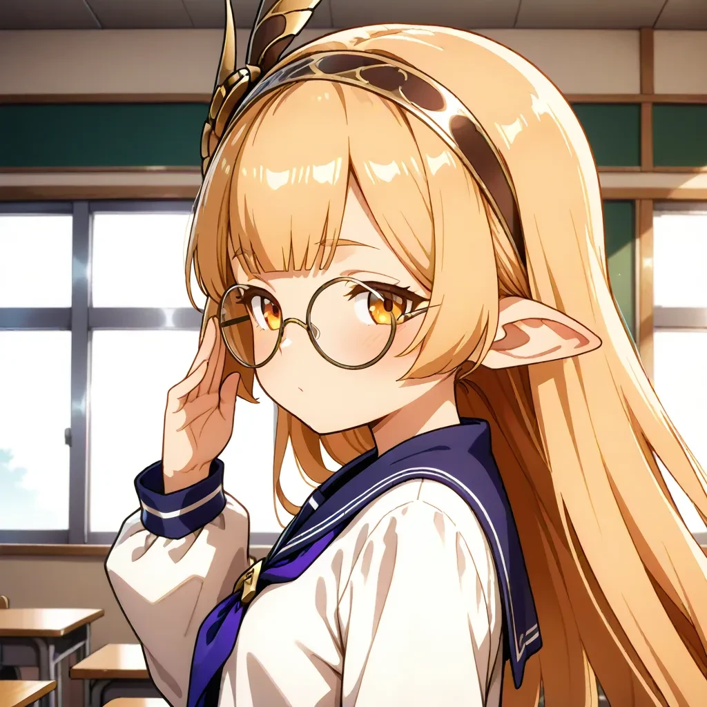 1girl,
maglielle, blonde hair,orange eyes,   hairband, hair ornament, 
<lora:maglielle-ilstlion:0.8>
serafuku, round eyewear, adjusting eyewear, from side, looking at viewer, upper body, classroom,, masterpiece, best quality,  absurdres, highres, <lora:NoobV065sHyperDmd:1>