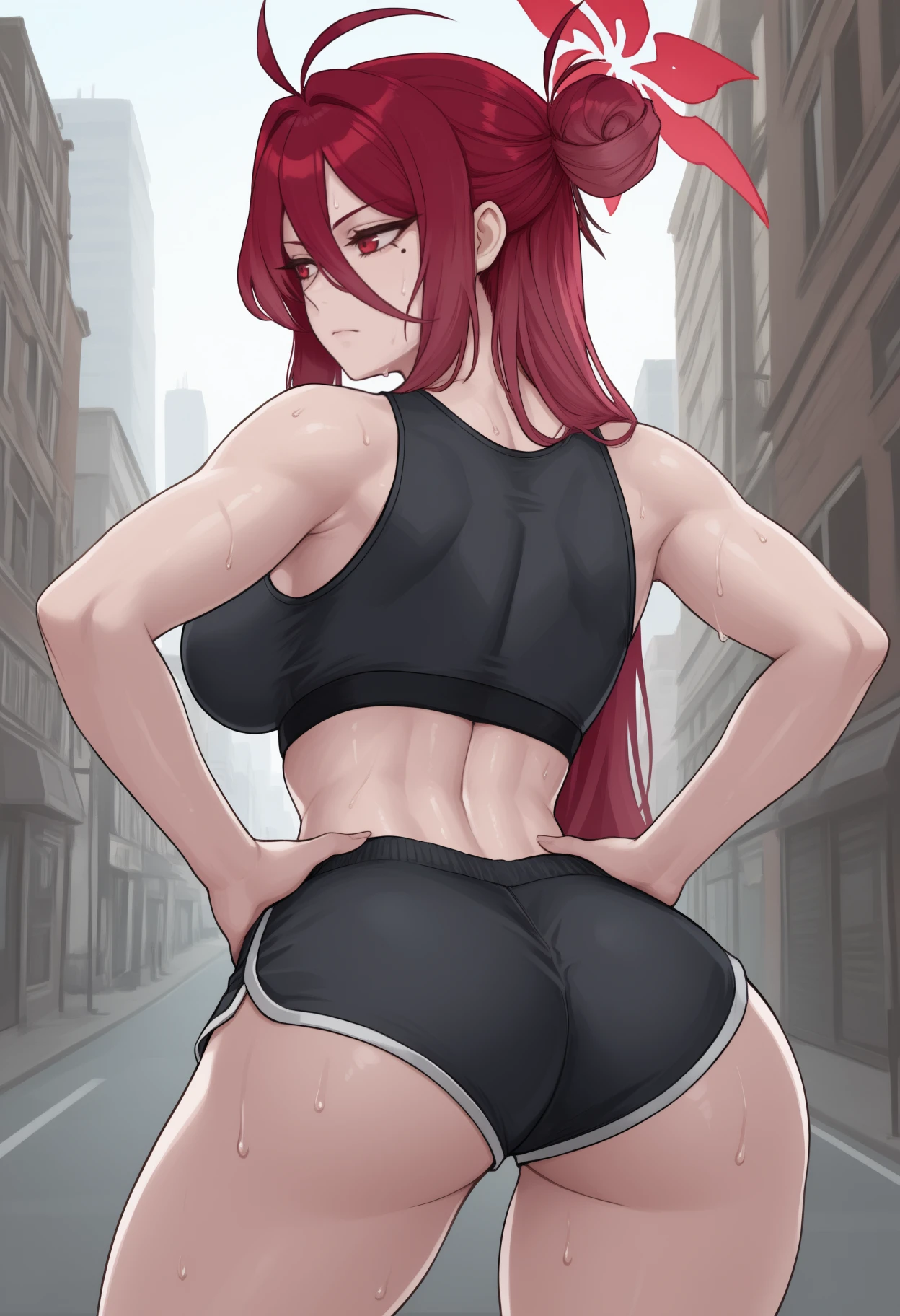 masterpiece, best quality, from behind, solo, 1girl, kymrjo, mole under eye, sweat, expressionless, looking back, hands on own hips, long hair, red hair, hair between eyes, antenna hair, single side bun, red halo, red eyes, black sports bra, black shorts, dolphin shorts, micro shorts, outdoors, day, city street
<segment:yolo-Anzhc Face seg 640 v2 y8n.pt,0.4,0.5//cid=1>