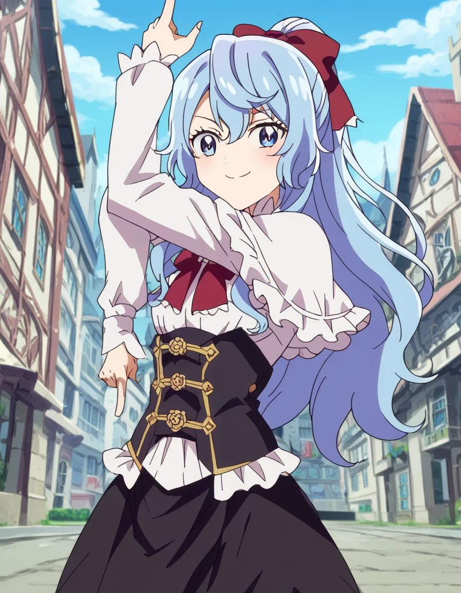 score_9, score_8_up, score_7_up, source_anime, <lora:liselotte-cretia-s2-ponyxl-lora-nochekaiser:1>, liselotte cretia, long hair, blue eyes, bow, blue hair, ponytail, hair bow, red bow, anime screencap,, dress, capelet, corset, frills, long sleeves, black skirt,, Man-made, architecture, structures, civilization, urban, , <lora:killer-queens-pose-ponyxl-lora-nochekaiser:1>, killer queens pose, killer queens's pose (jojo), jojo pose, arm up, hand up, \n/, double \n/, arm down, hand down, blush, smile, cowboy shot,, looking at viewer, solo,, cowboy shot