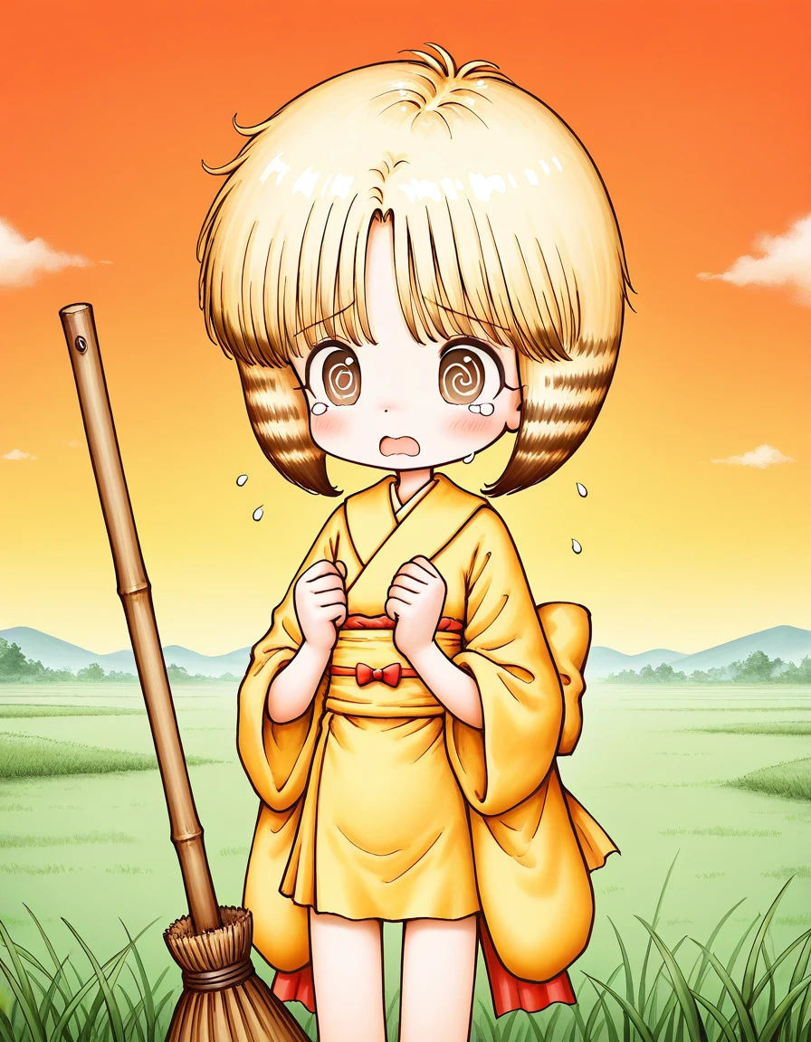 general,highres, ultra-detailed,very aesthetic,best quality ,best hands,  BREAK  <lora:nyannyan_IS:1> nyannyan, 1girl,solo,short hair, blonde hair, brown eyes, multicolored hair, bangs,  
 solo, broom, @_@, tears, open mouth, Yellow kimono, Yellow sash, Yellow obi,
cowboy_Shot,
grass, sky,