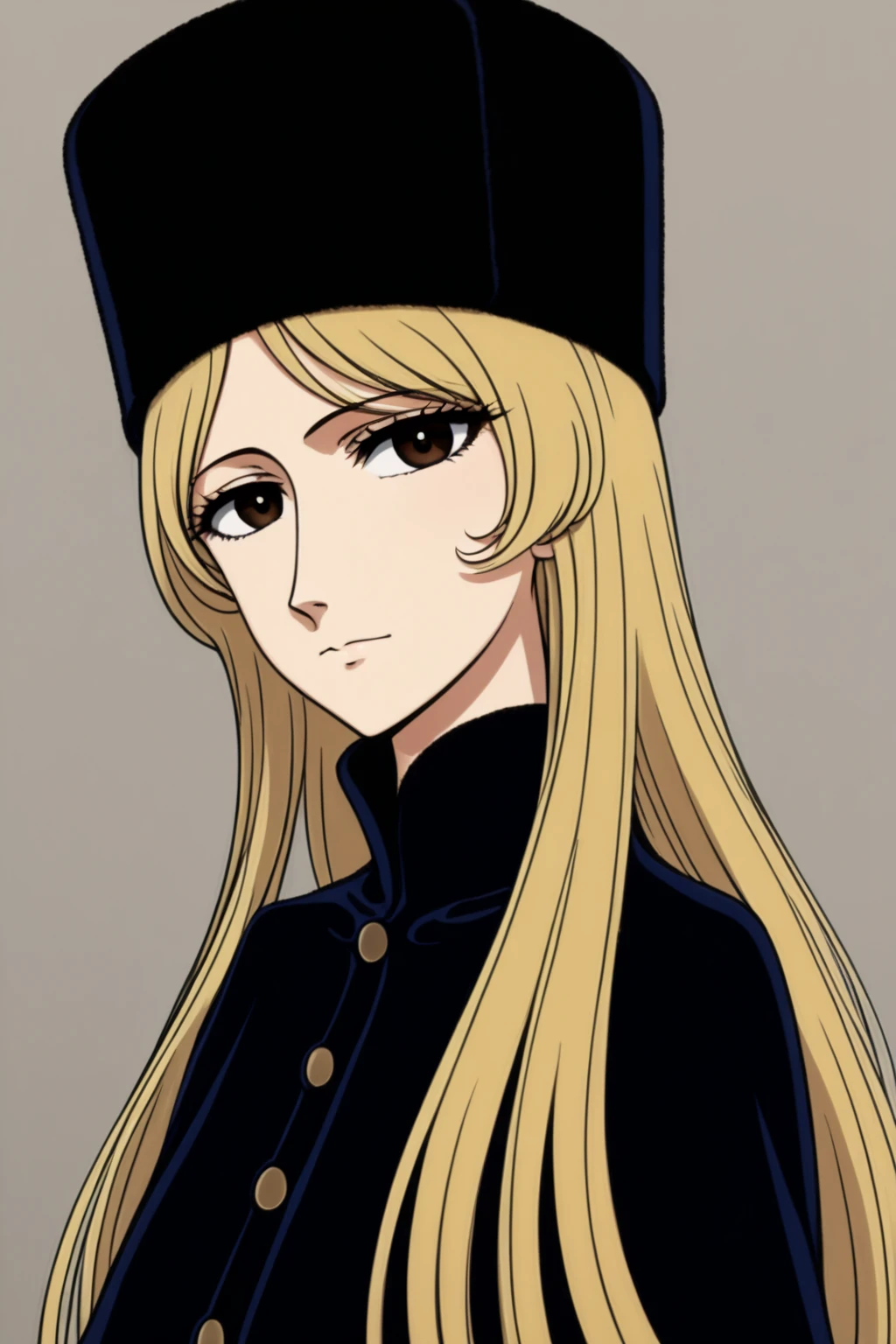 score_9, score_8_up, score_7_up, score_6_up,
source_anime,
illustration,
1 woman,30yo,mature,solo,
maetel,maetel(ge999),
brown eyes, yellow long hair,
black eyes, nose, small mouth,
black hat, (black coat:1.1), (black boots:0.4),
portrait,
<lora:maetel7:0.6>