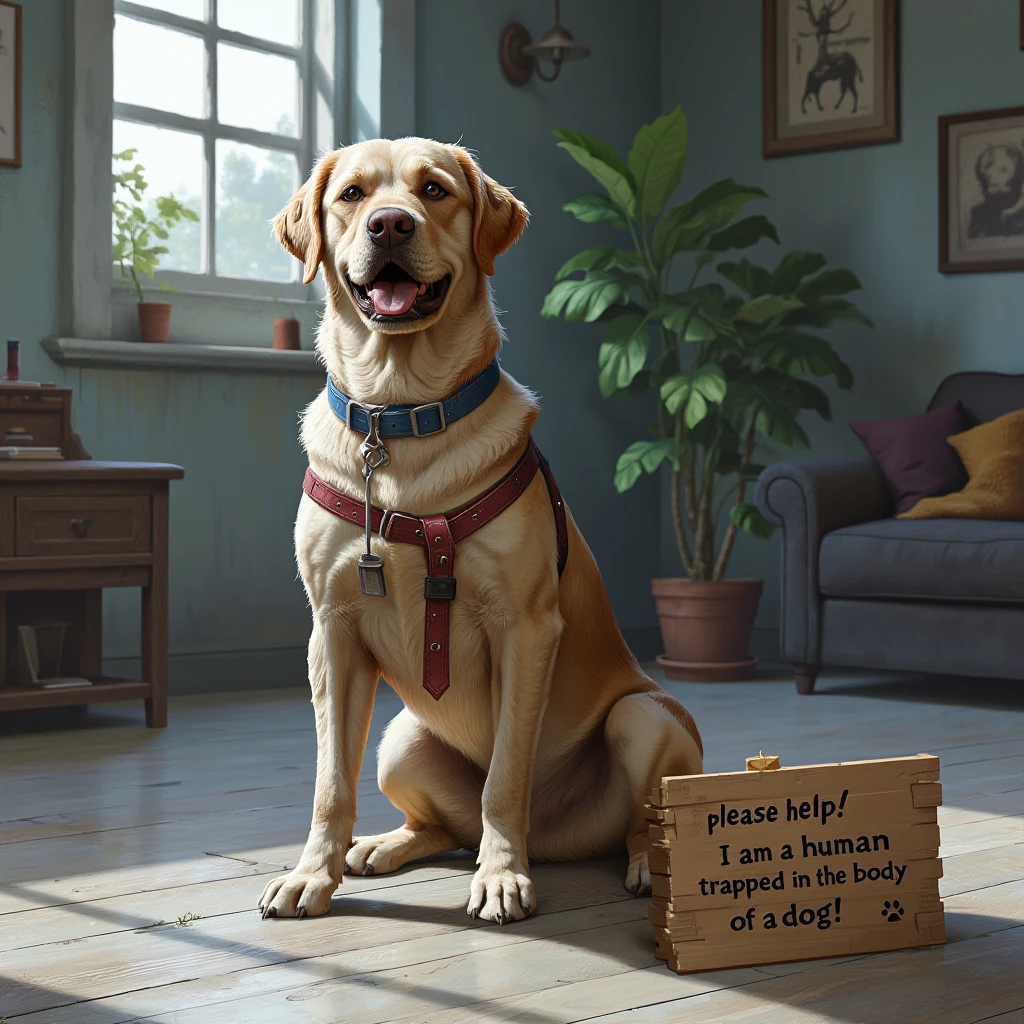 artwork in sr artstyle, a labrador dog sitting on the floor with a sign in front of it that reads "please help! i am a human trapped in the body of a dog!"