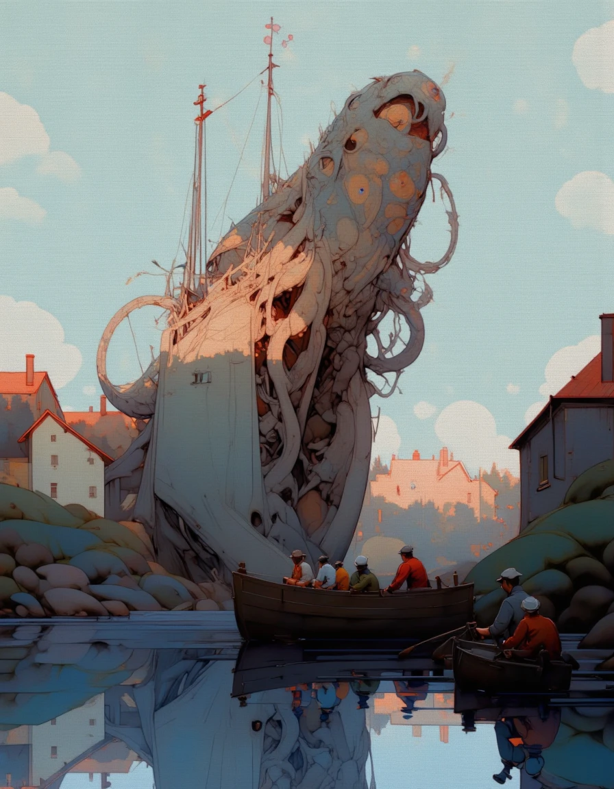 Steve McDonald Art. This image is a digital painting with a surreal, whimsical style. It depicts a harbor scene with an otherworldly twist. In the foreground, there are two boats, one small and one medium-sized, anchored in calm water. The boats are painted in muted tones of blue and gray, reflecting the water's surface. A group of four people, dressed in traditional sailor outfits with dark hats and coats, are standing on the smaller boat, engaged in quiet conversation.
In the background, a towering, tentacled creature emerges from the water, its body resembling a massive octopus with a multitude of tentacles wrapped around the masts and rigging of a large, ghostly ship. The ship's hull is partially visible, and it seems to be sinking, with the tentacles entwining around it. The ship's sails are tattered and the masts are bare, giving it an eerie, abandoned appearance.
The background also features a small village with white and beige buildings with red roofs, situated on a rocky shoreline. The sky is a muted blue, with soft clouds and a hint of sunrise or sunset, casting a warm glow over the scene. The overall mood is one of mystery and tranquility, with an underlying sense of foreboding. <lora:Steve_McDonald:1.3>