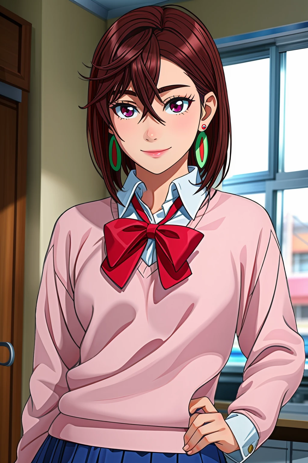 masterpiece,8k high quality detailed,highres,rim light,(upper body:1.2),
<lora:Momo Ayase v2:0.7>,momo ayase,1girl,brown hair,short hair,hair between eyes,red eyes,earrings,medium breasts,collared shirt,pink sweater,long sleeves,red bowtie,blue miniskirt,miniskirt,loose socks,white socks,loafers,detailed face,smile,
<lora:GoodHands-vanilla:1>,<lora:more_details:0.45>,realistic cloth texture,