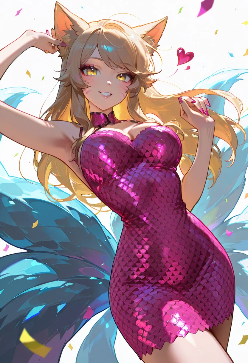 1girl,solo,looking at viewer, echo (circa), ahri_(league_of_legends), ah dress, pink dress, heart,confetti,