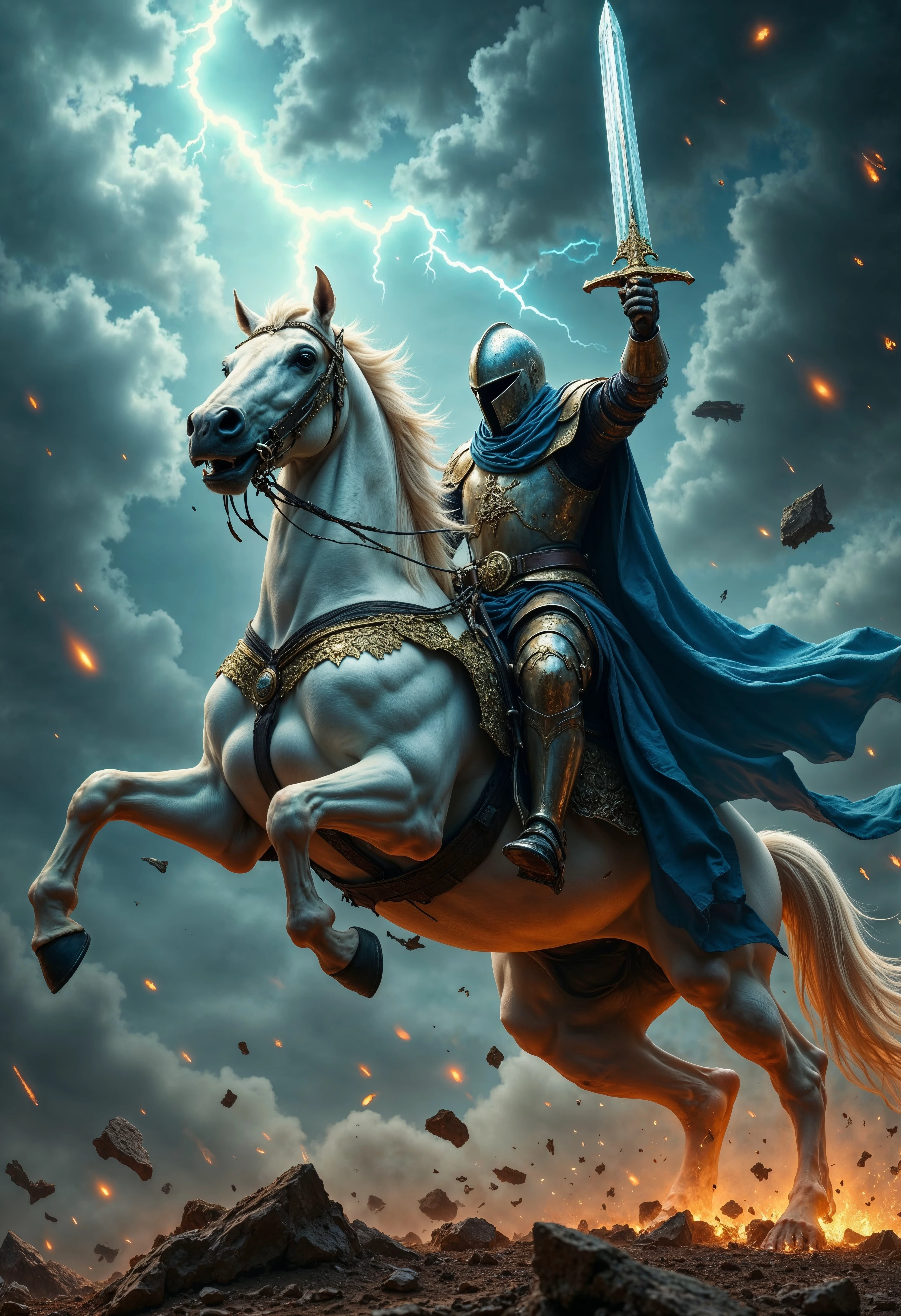 R3alisticF, a medieval knight in full armor, wielding a glowing sword, atop a rearing white horse. The knight wears a blue cloak and golden accents. The sky is stormy with dark clouds and lightning. The scene is dynamic, with debris flying and the horse's mane flowing. The knight's helmet is silver, and his armor is detailed with intricate designs. The image is highly detailed and realistic, with a dramatic, action-packed atmosphere. <lora:FluxMythR3alisticF:1>