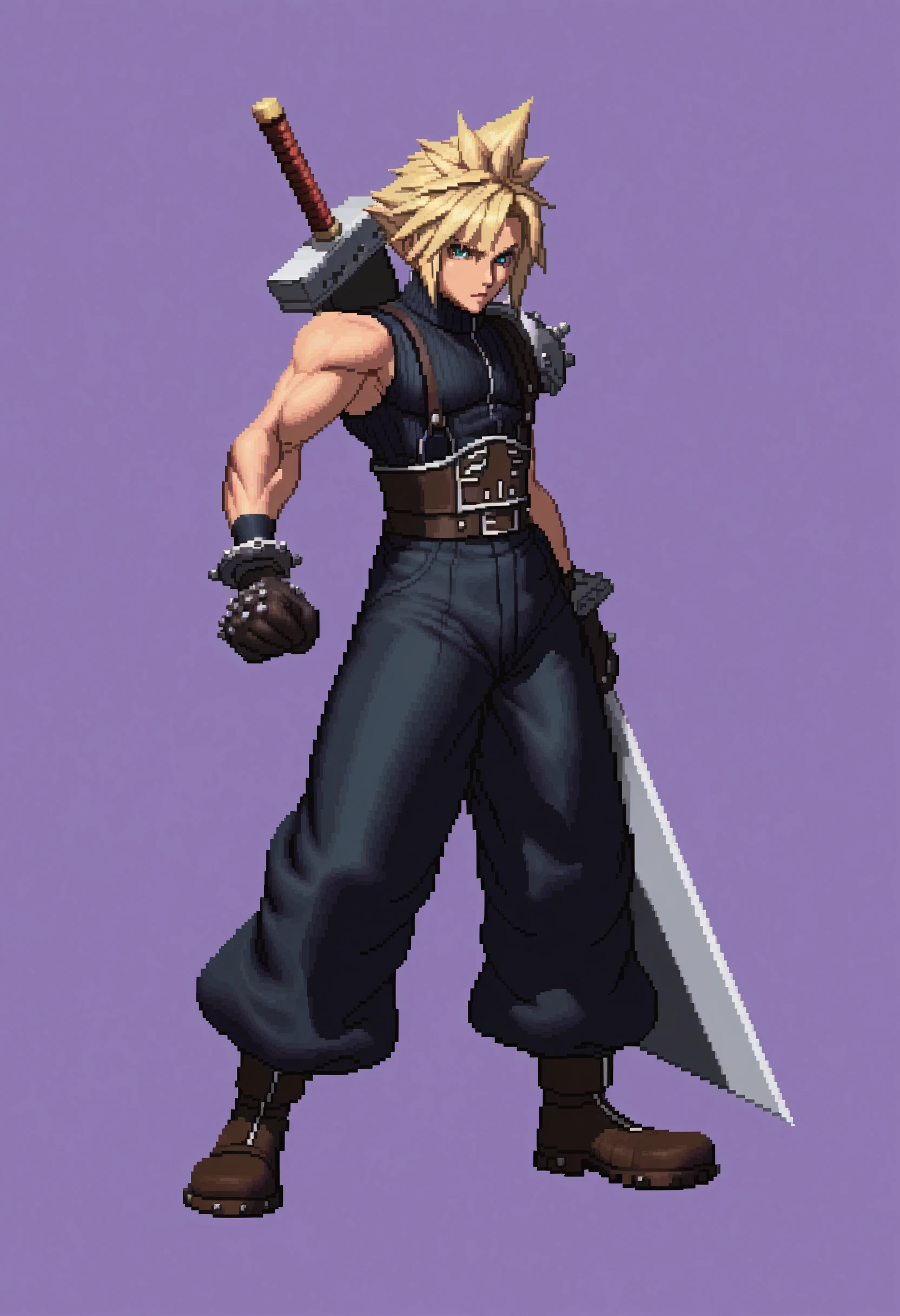 masterpiece, best quality, 1boy, solo, looking at viewer, <lora:KOF-XIII-SpritesV2-illus_Fp:1>, full body, simple background, pixel art, cloud strife, buster sword, clenched hand,