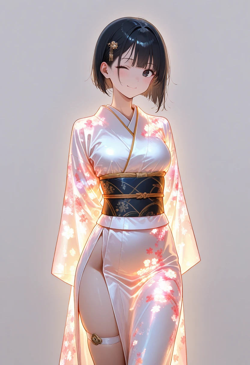, masterpiece, best quality, perfect anatomy, very aesthetic, ((outlined outlined vector graphics)), cute face, (glow eyes:0.8), front view , looking at viewer ,simple background ,1girl, (focus female),
20yo, black hair, black eyes, short bob hair, hair pin,mdeium breast, slender,(white thigh strap:1.1),
,white kimono,kimono, smile, wink , blush, arms behind back , looking away , closed mouth , glowing kimono, glittering <lora:glowing-kimono-il-01:1>