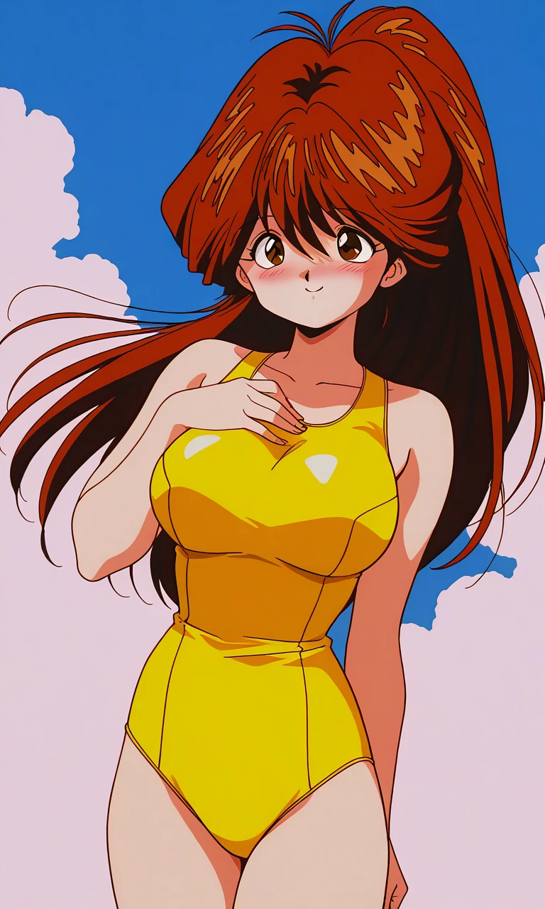 general,highres, ultra-detailed,very aesthetic,best quality ,best hands,  BREAK <lora:Kawai_Iyona_IS:1> KawaiIyona, solo, long hair, brown hair, brown eyes, bangs, red hair, large breasts, hair between eyes, 1990s \(style\),anime coloring,
Yellow school swim suit, ponytail, 1990s (style), sandy beach, sky, sunshine, blush, smile,
cowboy_Shot,
hand on own chestã